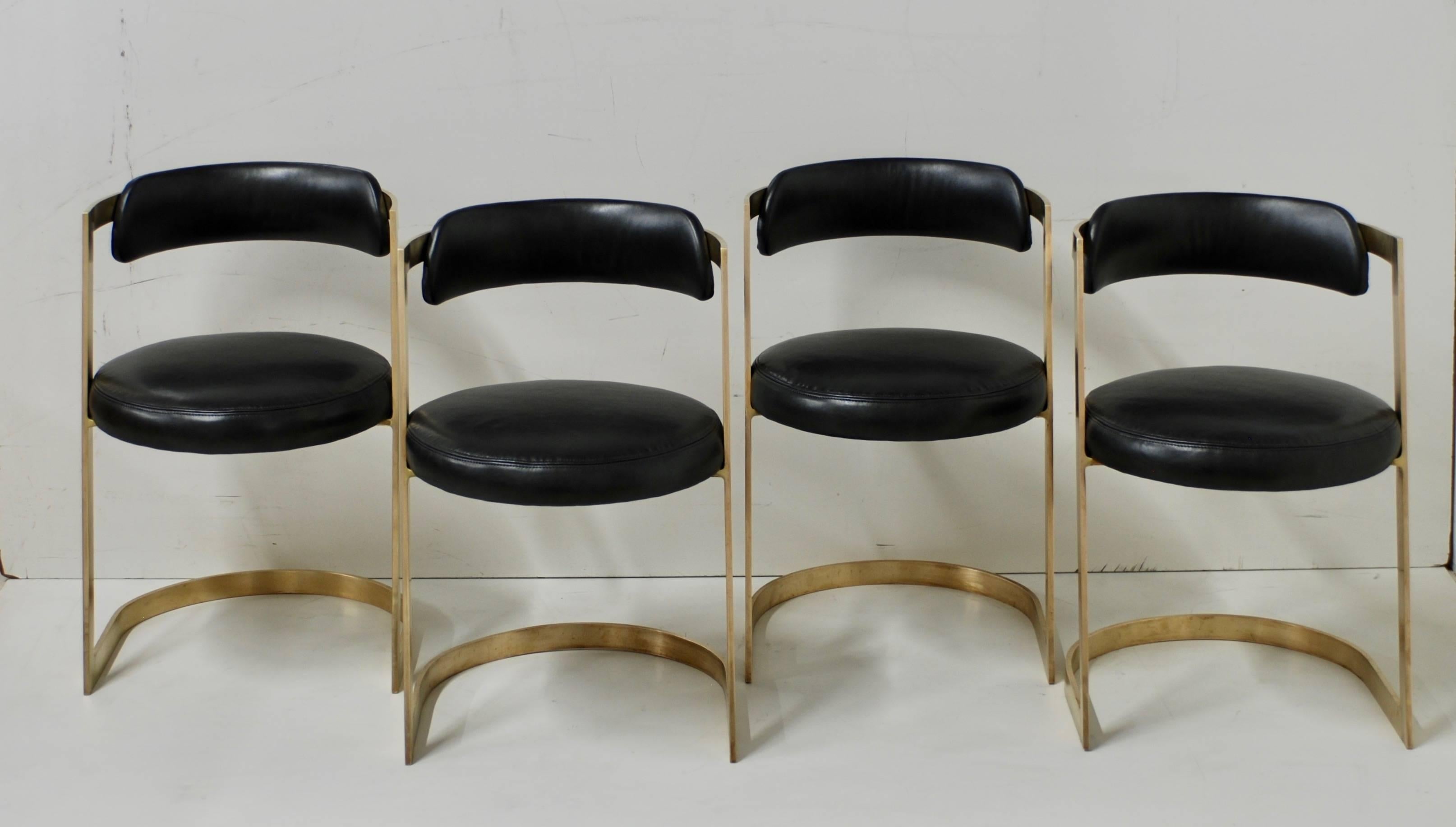 Mid-Century Modern Set of Four Solid Brushed Brass Cantilevered Dining Chairs