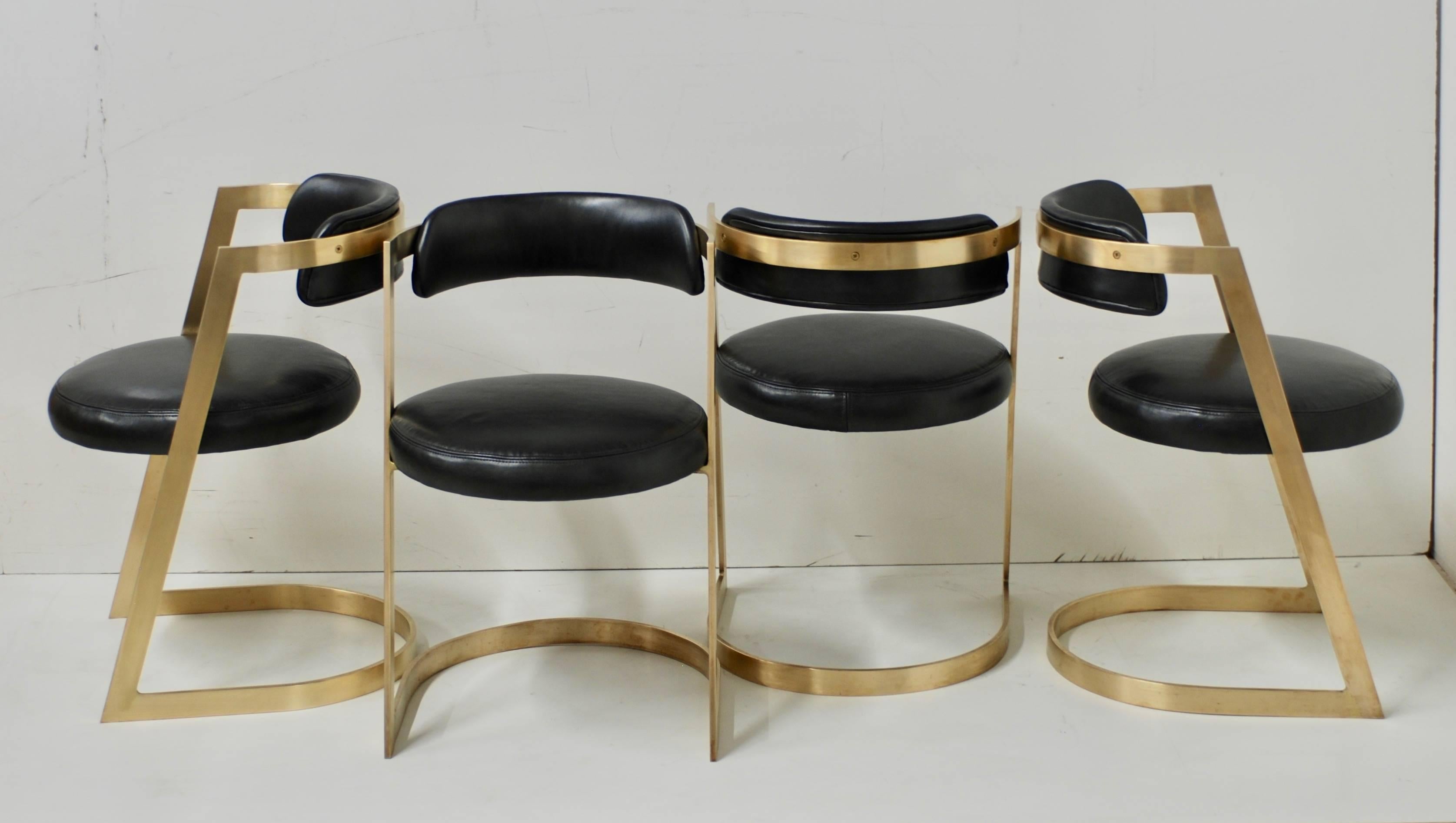 American Set of Four Solid Brushed Brass Cantilevered Dining Chairs