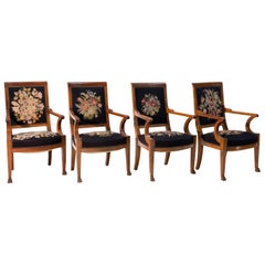 Set of Four Solid Mahogany Empire Armchairs, France, Early 19th Century