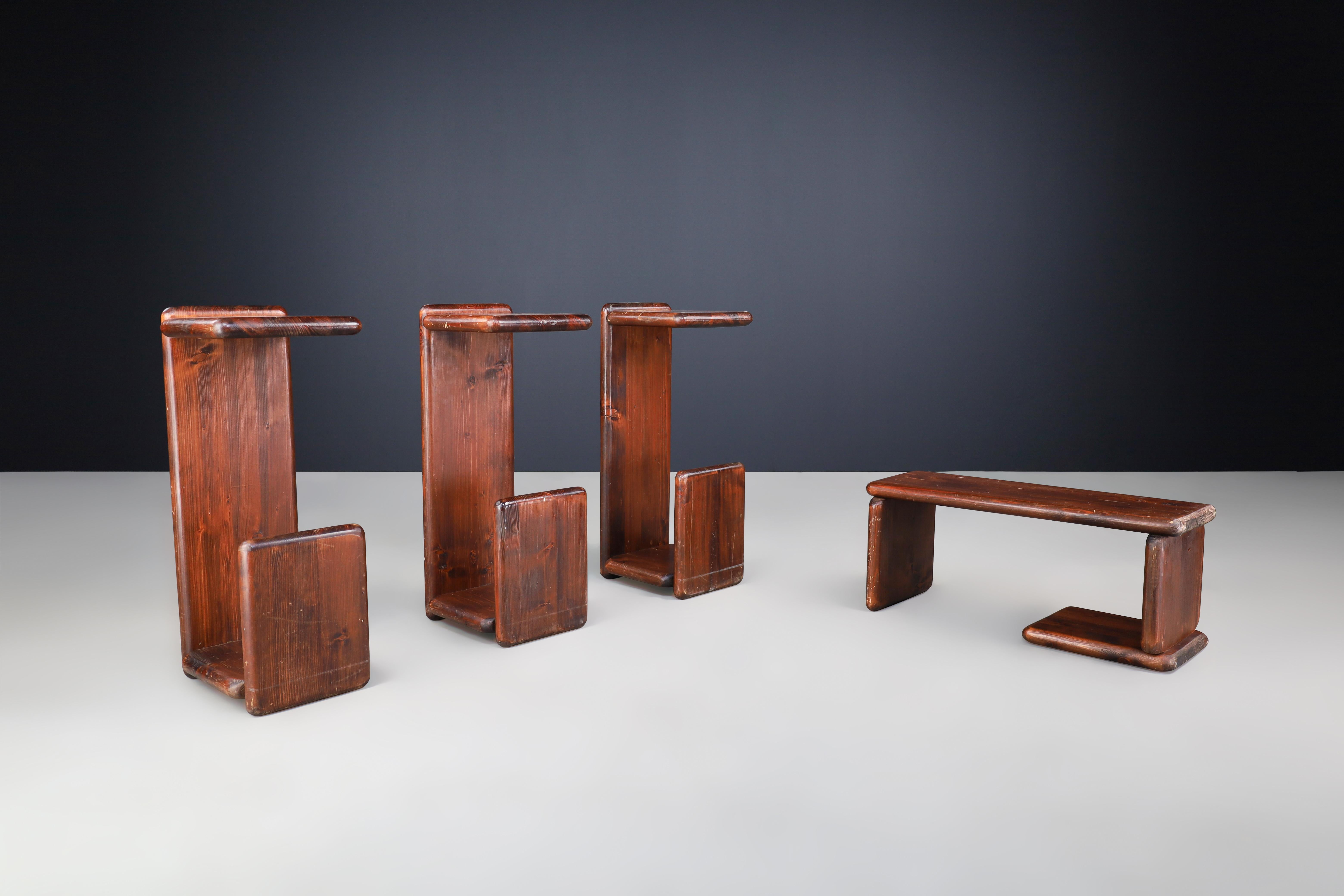 Post-Modern Set of Four Solid Pine Bar Stools or Benches, The Netherlands, 1970s For Sale