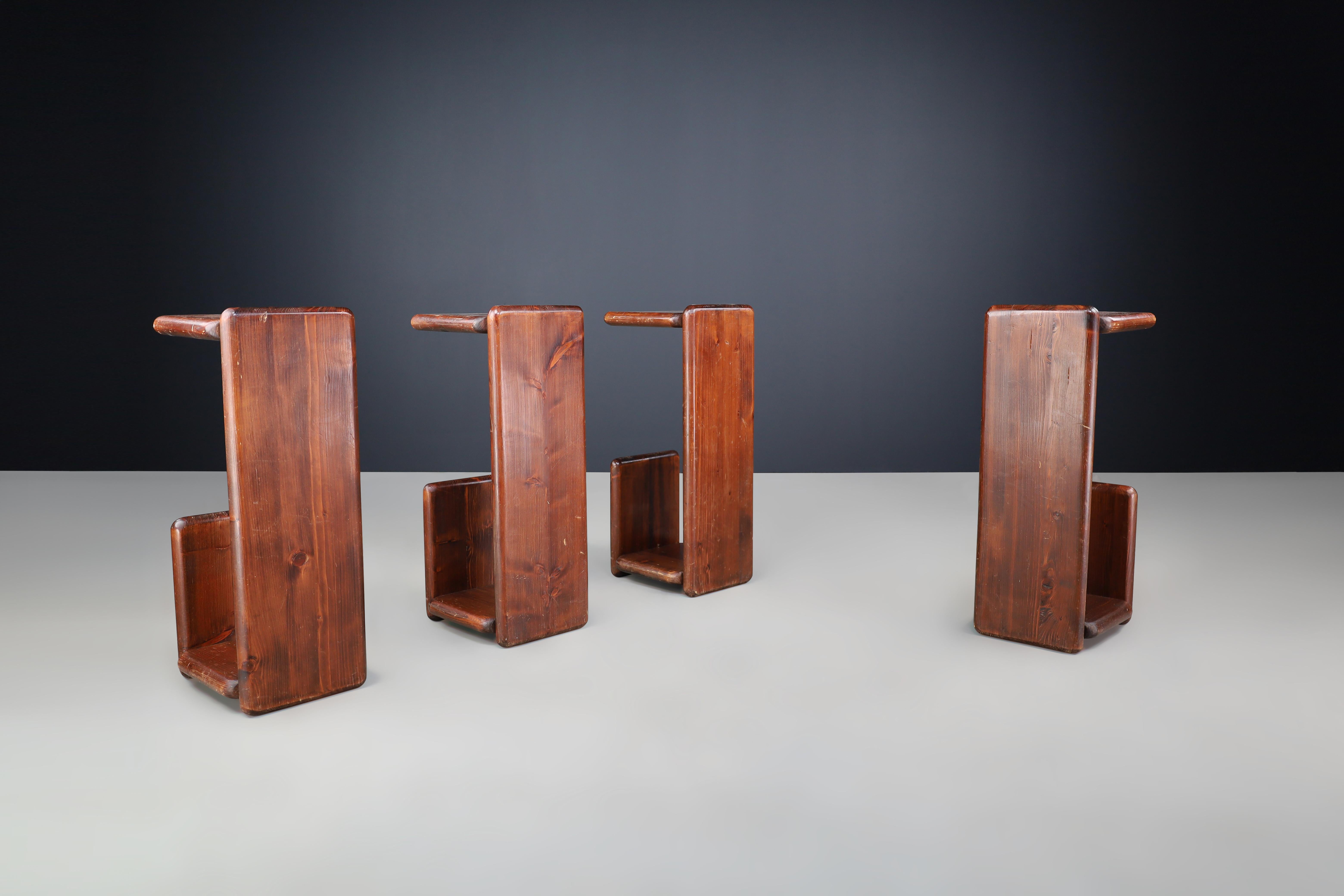 Dutch Set of Four Solid Pine Bar Stools or Benches, The Netherlands, 1970s For Sale