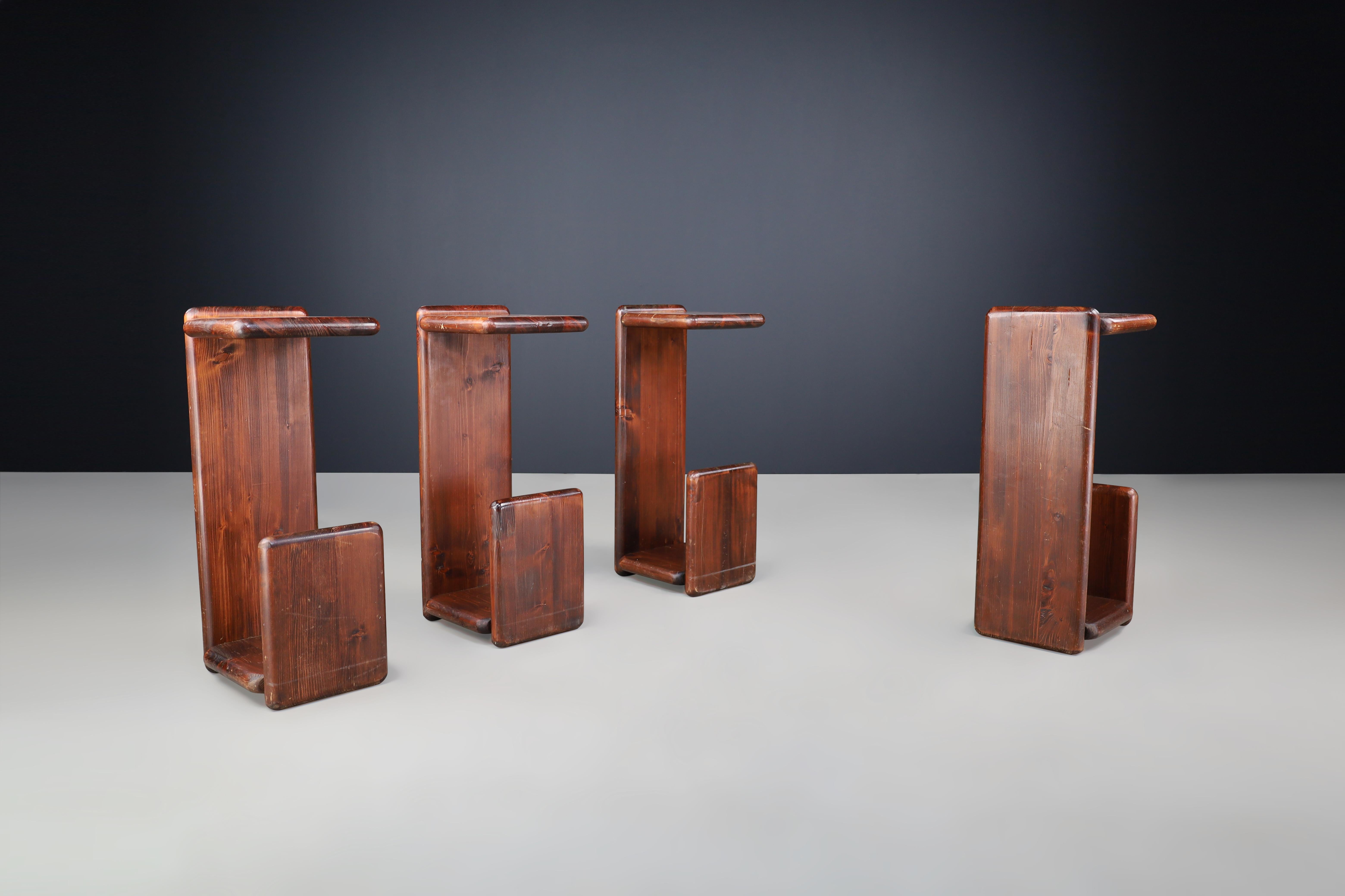 Late 20th Century Set of Four Solid Pine Bar Stools or Benches, The Netherlands, 1970s For Sale