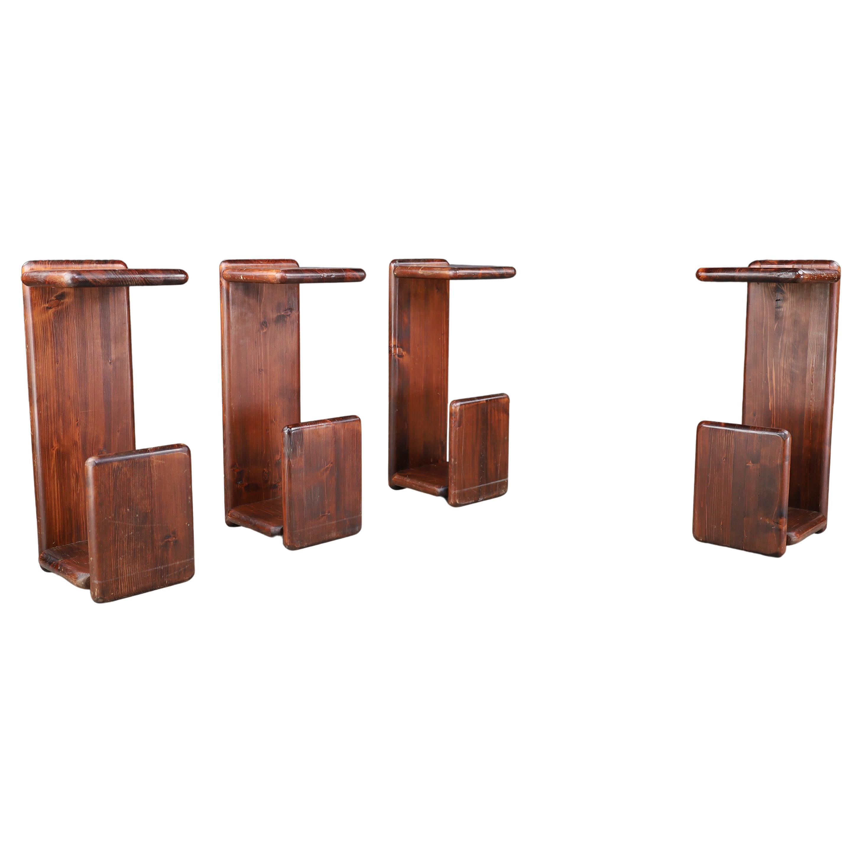 Set of Four Solid Pine Bar Stools or Benches, The Netherlands, 1970s For Sale