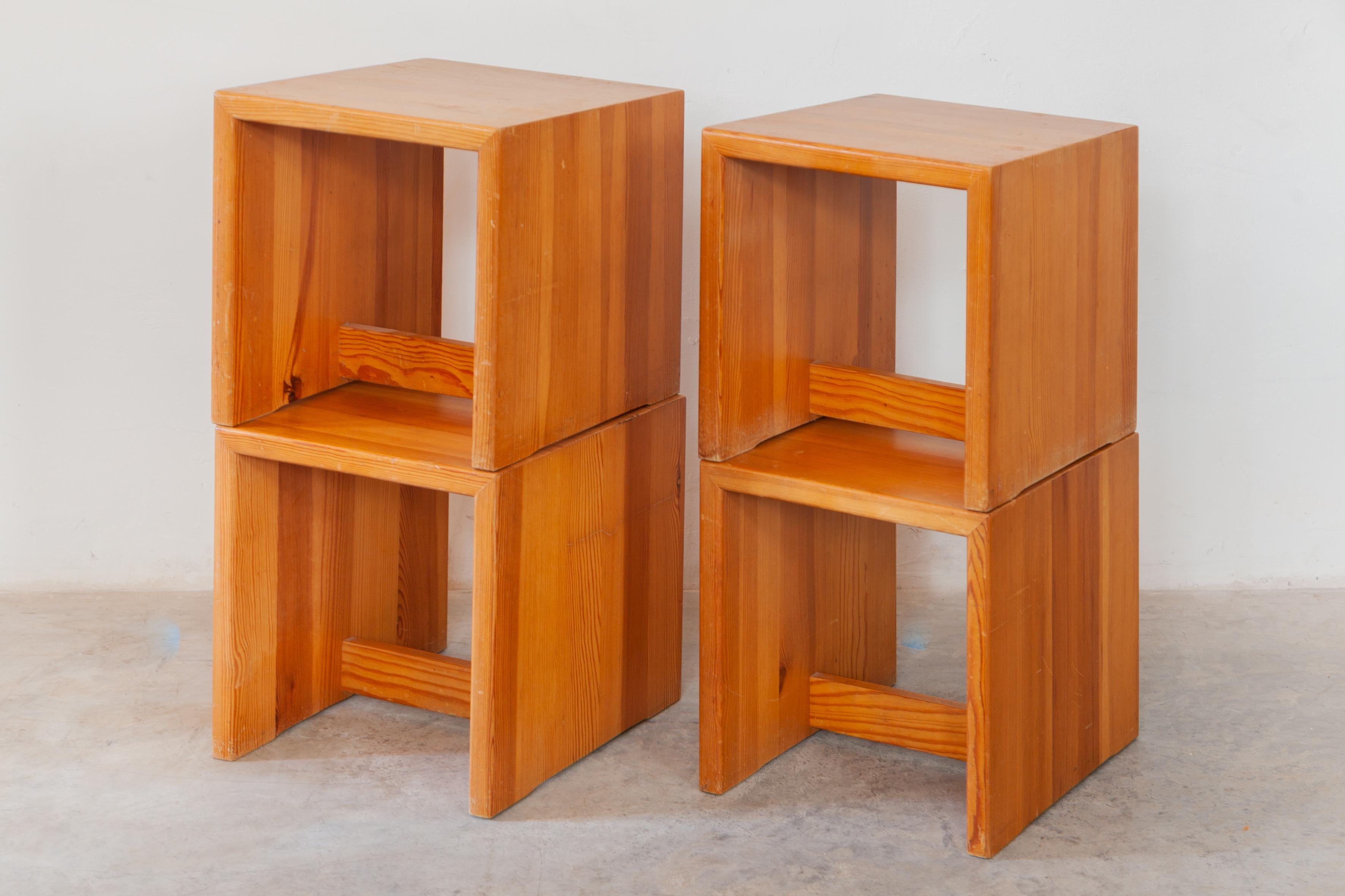 Late 20th Century Set of Four Solid Pine Stools and One Coffee Table, 1970s