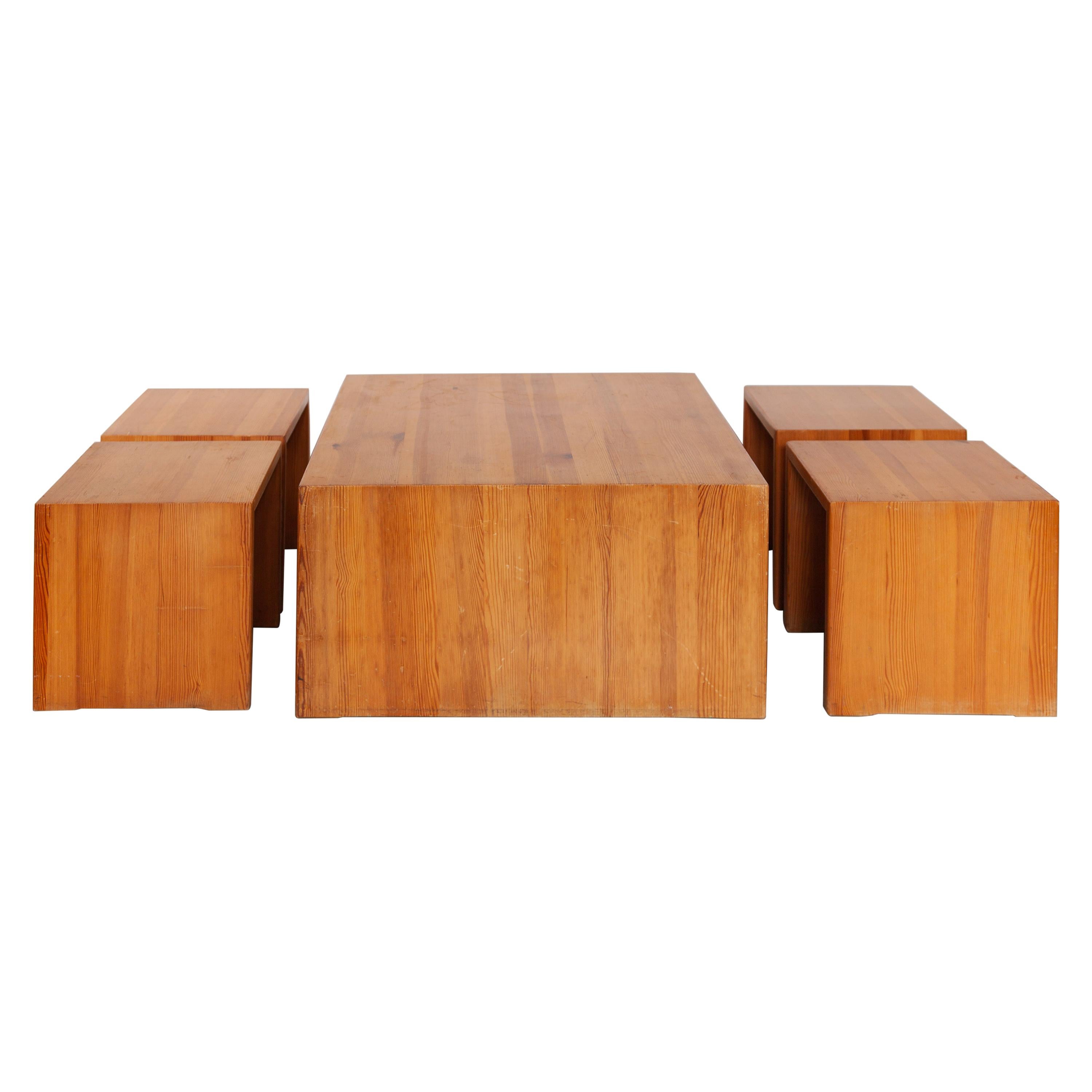 Set of Four Solid Pine Stools and One Coffee Table, 1970s