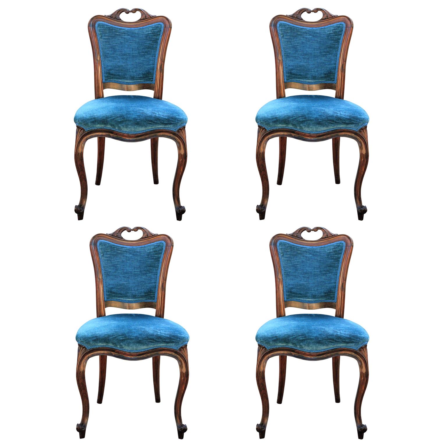 Set of Four Solid Rosewood Neoclassical Style Italian Dining Chairs 19th Century