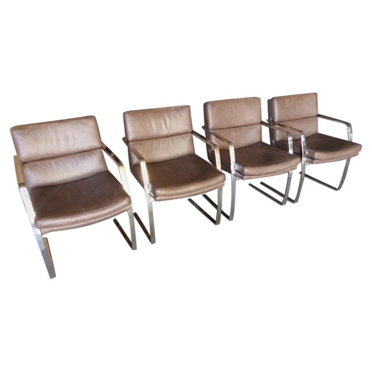 Set of Four Solid Steel Framed Armchairs Attributed to Pace Collection 1