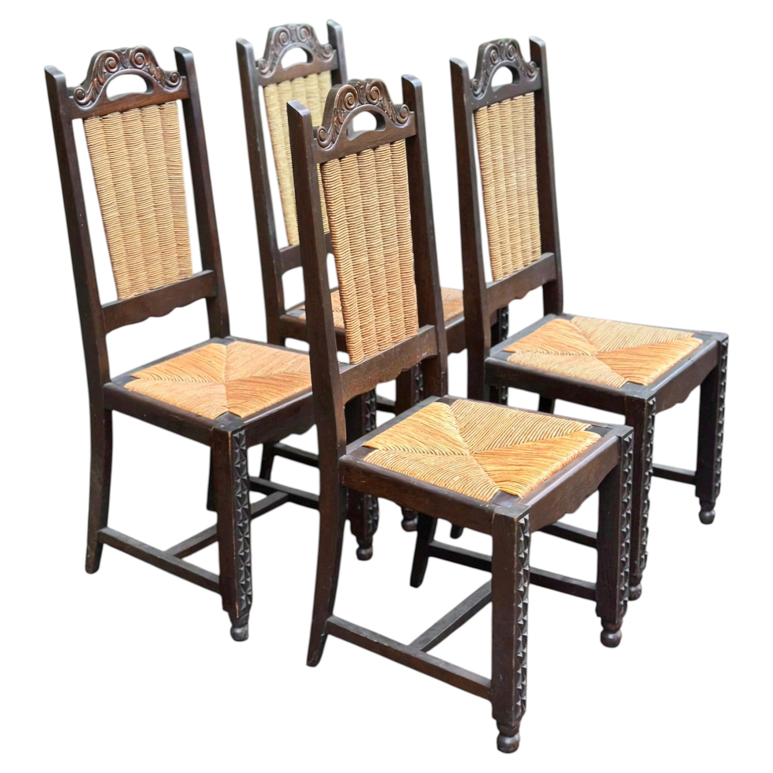 Set of Four Spanish Brutalist Oak and Rush Dining Chairs, 1960s For Sale