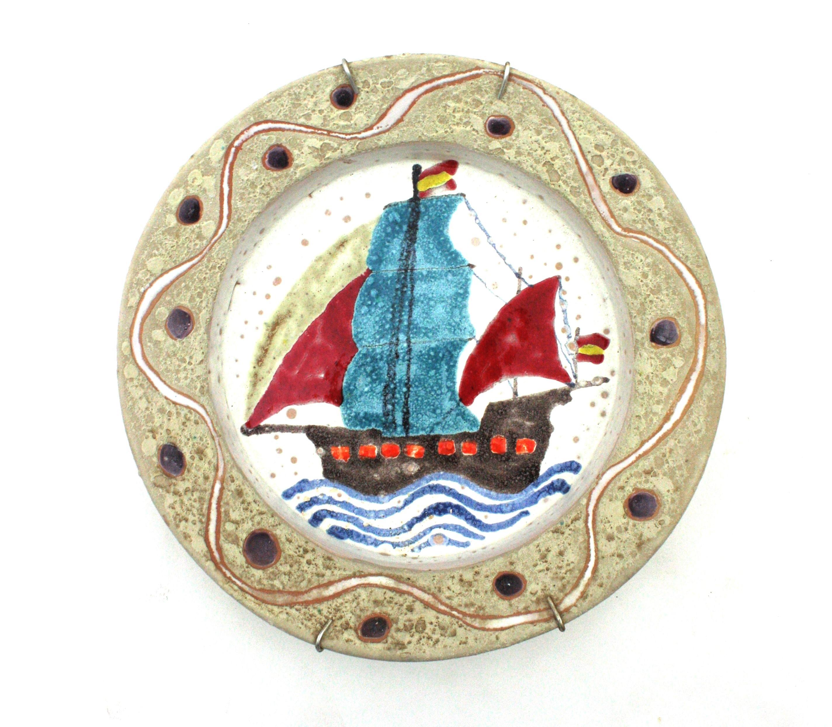 Spanish Four Mid-Century Modern Glazed Ceramic Wall Plates, Multi Color Marine Motifs For Sale
