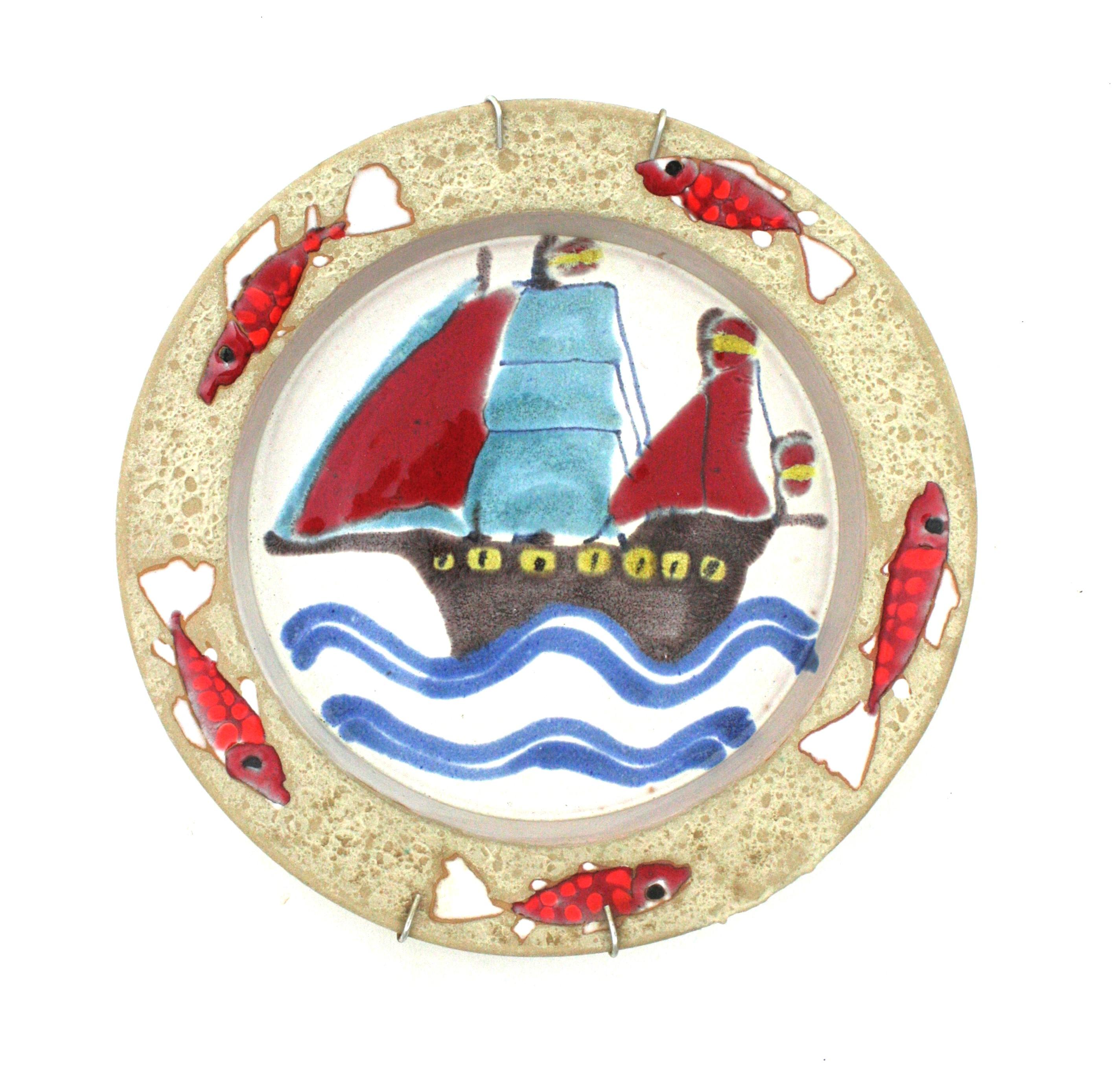 Spanish Four Midcentury Ceramic Wall Plates, Marine Motifs For Sale