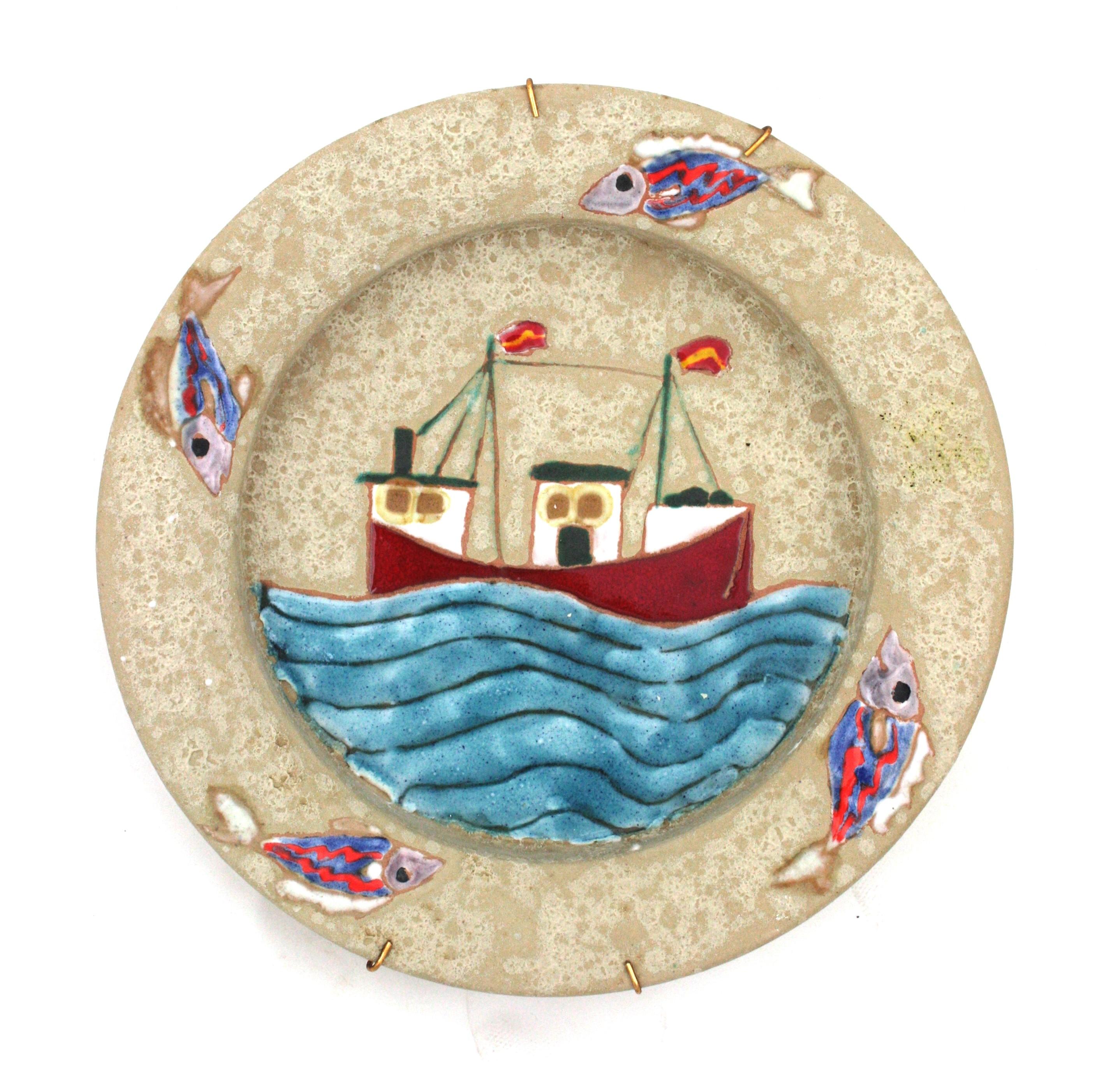 Glazed Four Midcentury Ceramic Wall Plates, Marine Motifs For Sale