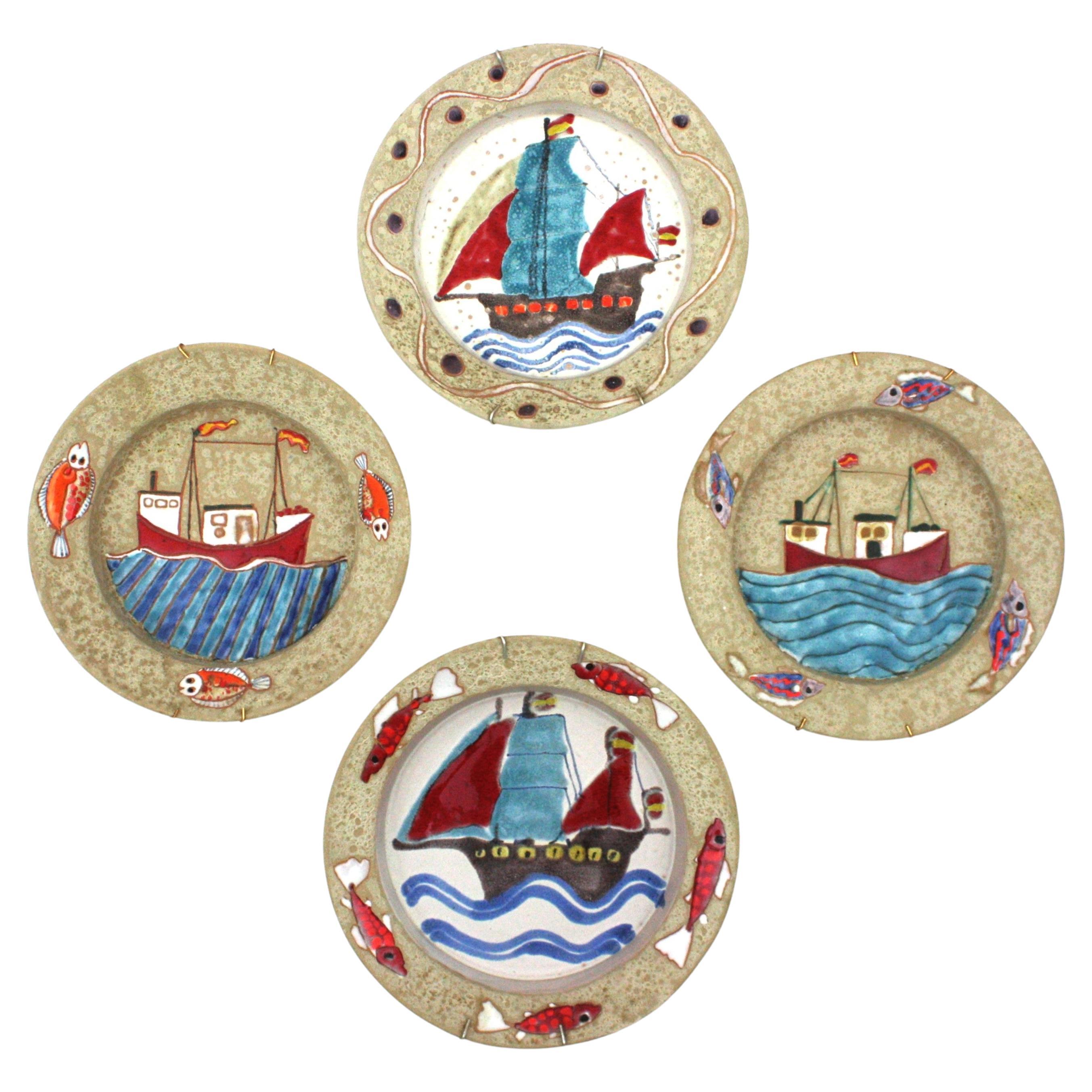 Four Mid-Century Modern Glazed Ceramic Wall Plates, Multi Color Marine Motifs For Sale