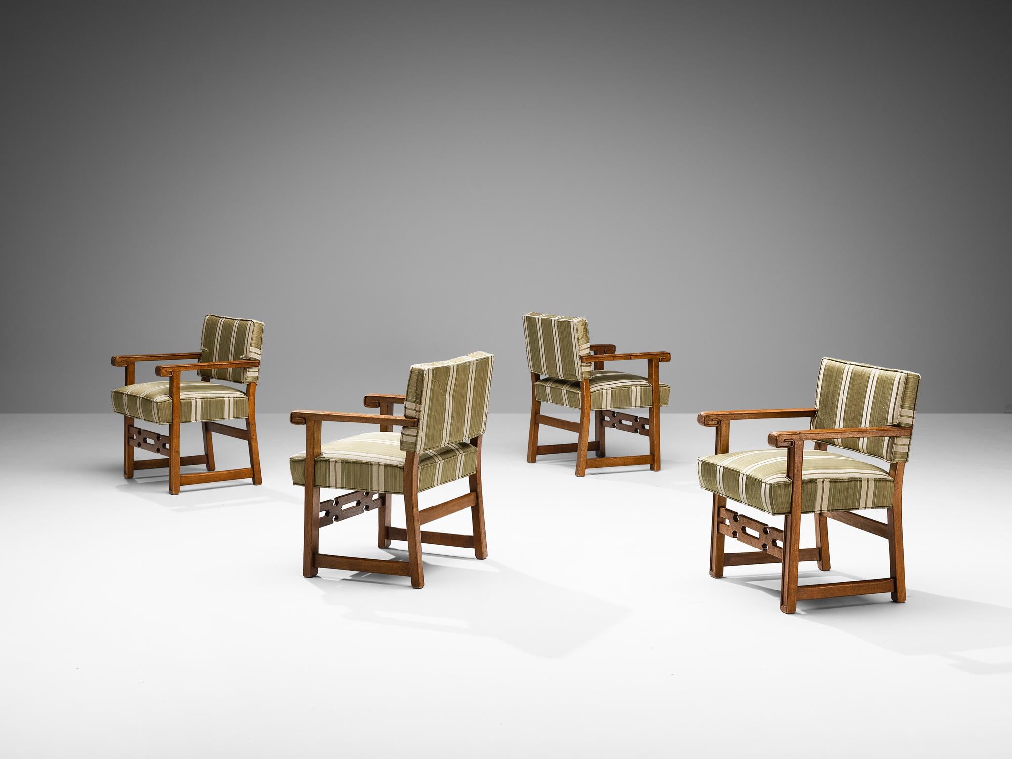 Mid-Century Modern Set of Five Spanish Dining Chairs in Olive Green and White Upholstery 