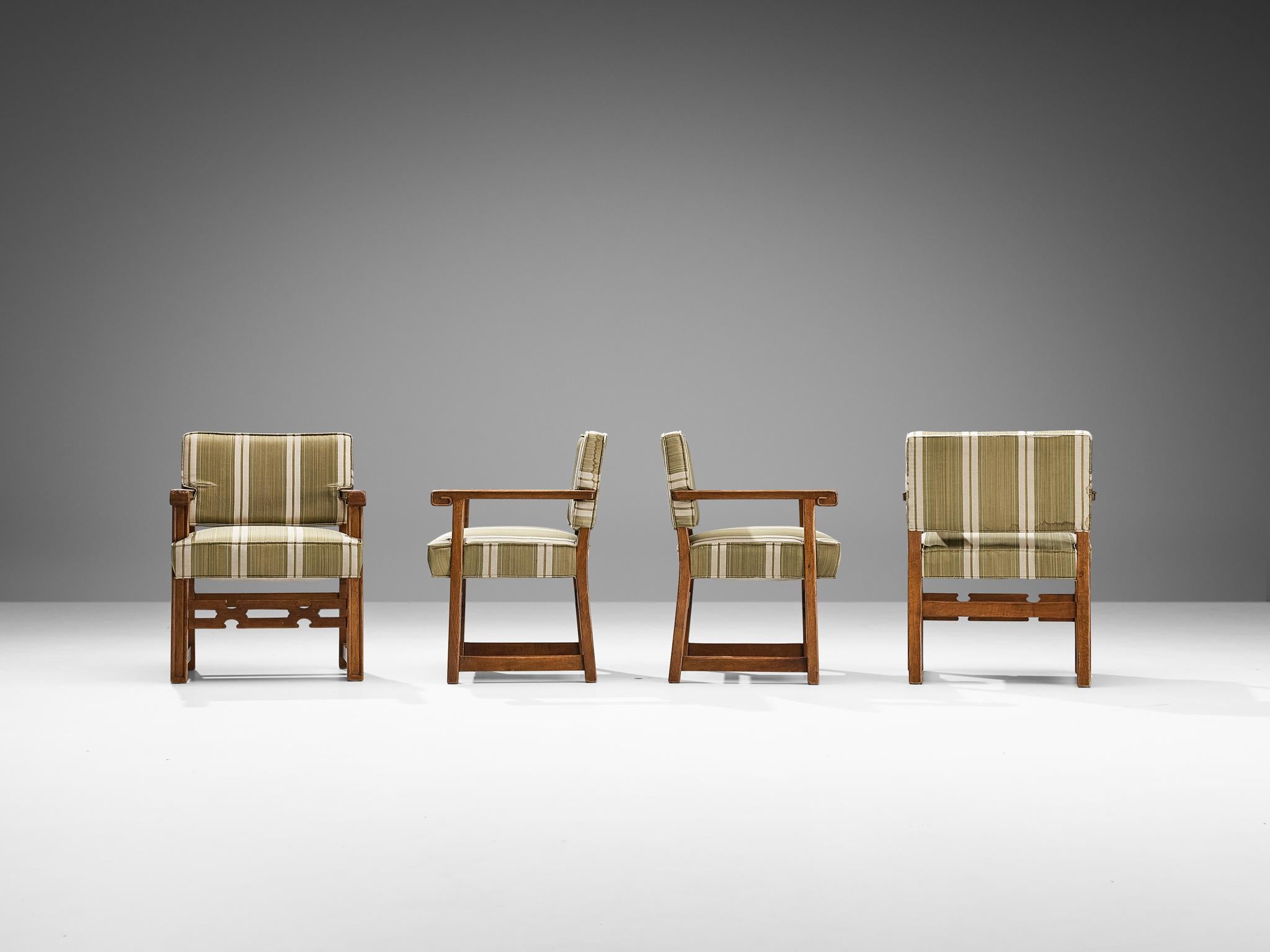Mid-20th Century Set of Five Spanish Dining Chairs in Olive Green and White Upholstery 