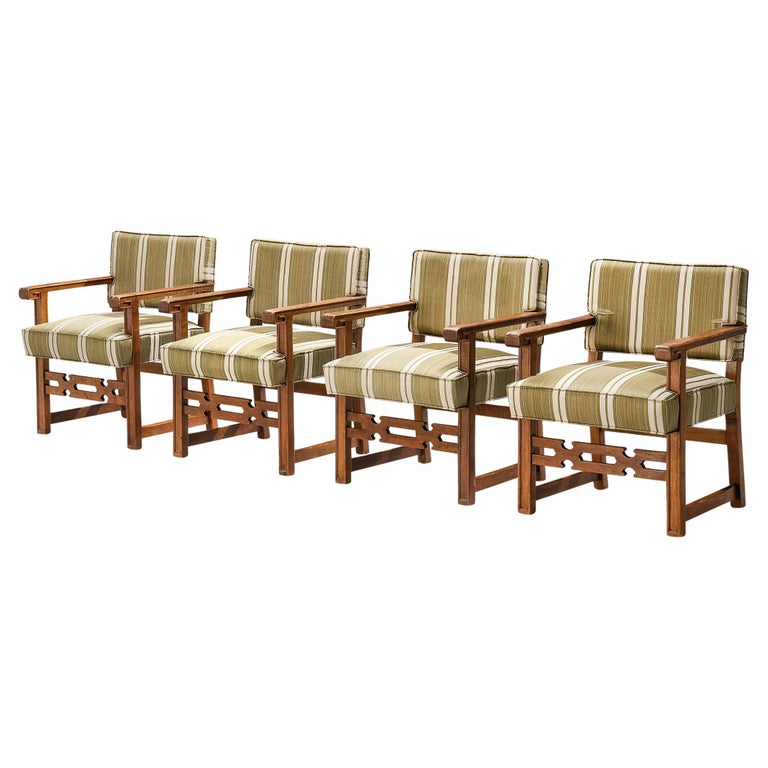 Set of Four Spanish Dining Chairs in Olive Green Upholstery and