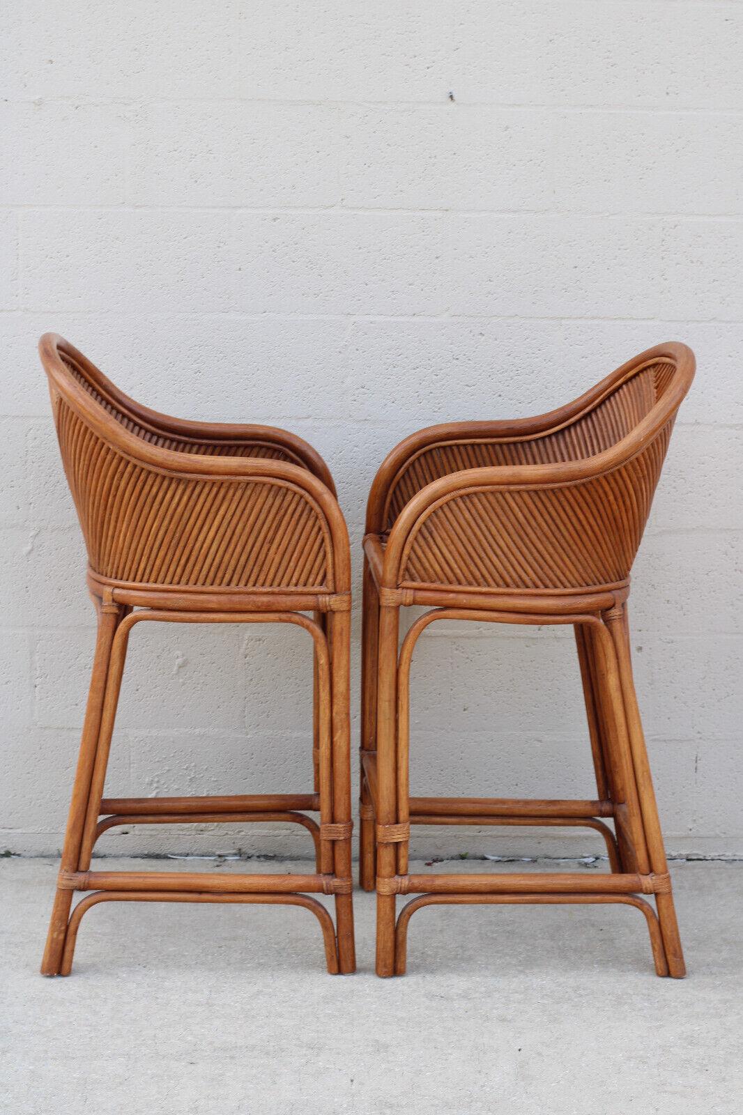 Leather Set of Four Split Reed Rattan Bar Stools For Sale