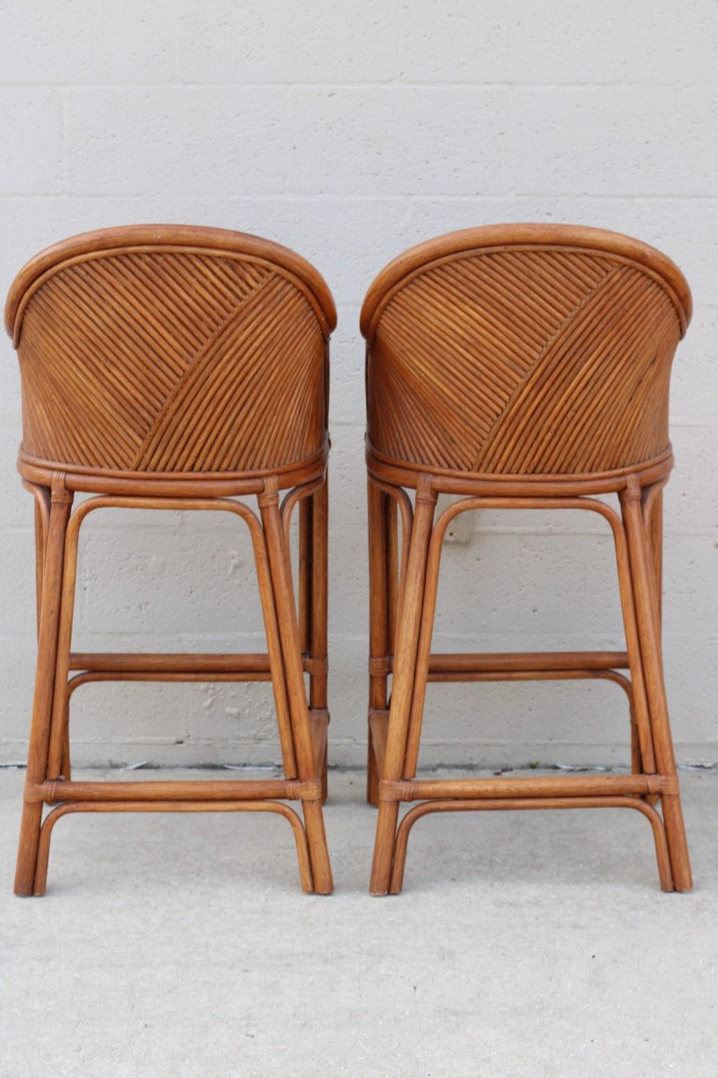 American Set of Four Split Reed Rattan Bar Stools For Sale