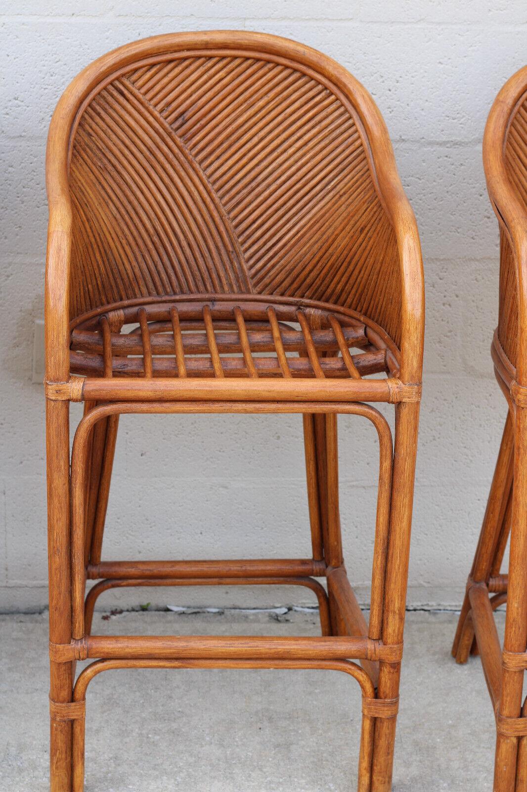 Hand-Crafted Set of Four Split Reed Rattan Bar Stools For Sale