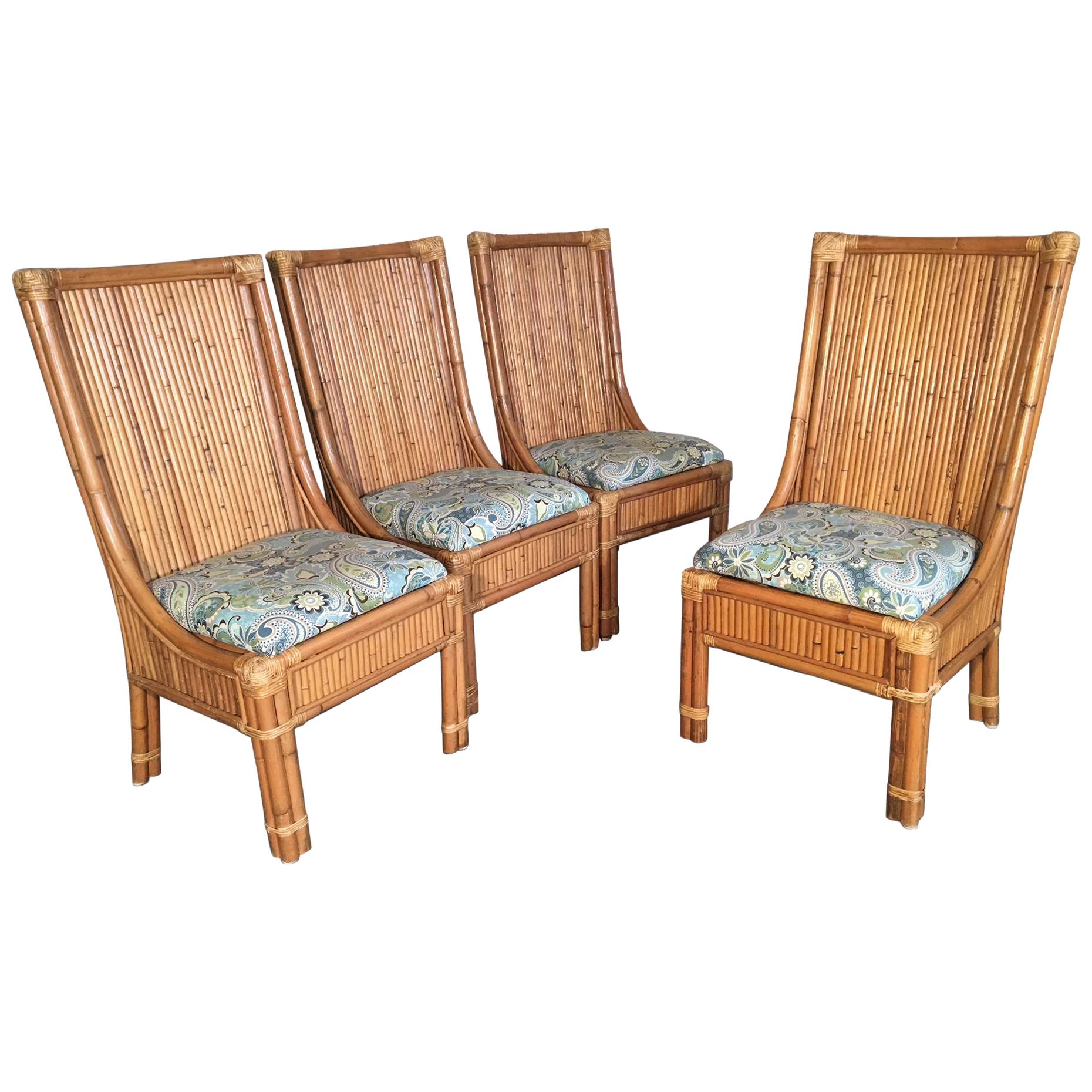 Set of Four Split Reed Rattan High Back Dining Chairs