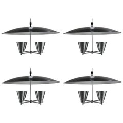 Vintage Set of Four Spun Aluminum Canopy, Domed Four-Light Pendant Chandelier, Litecraft