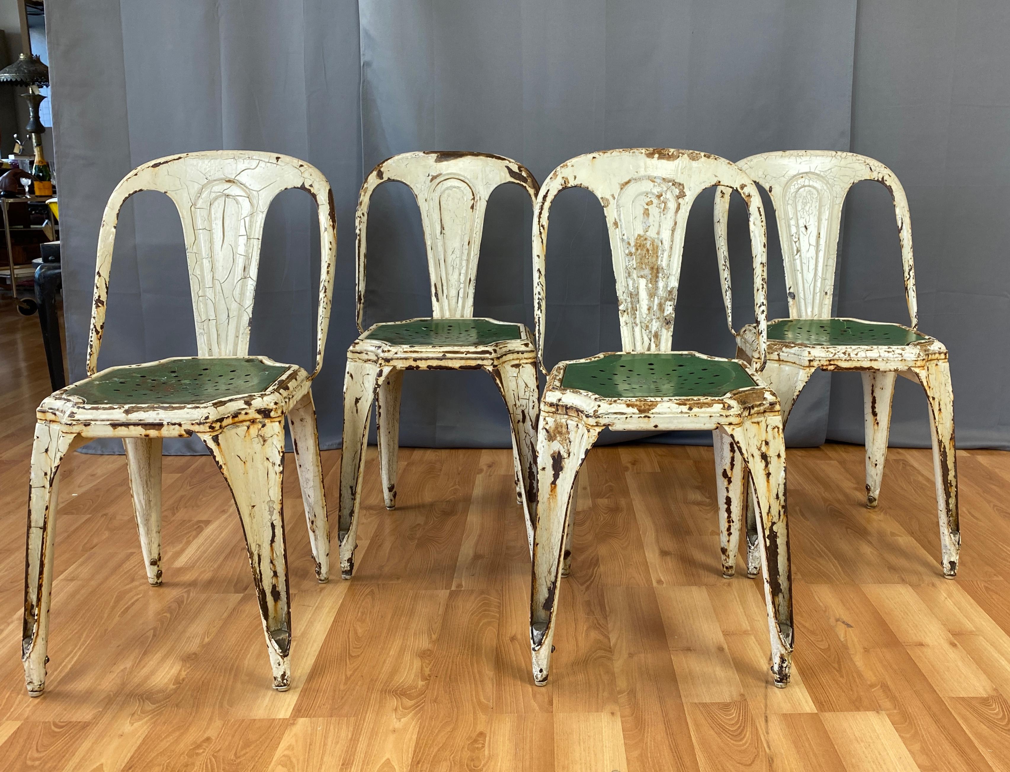 Set of Four Stackable Industrial Bistro Chairs by Fibrocit of Belgium In Distressed Condition For Sale In San Francisco, CA