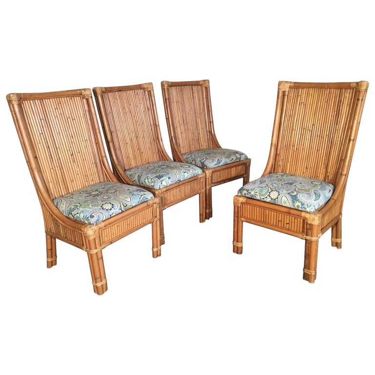 Set Of Four Split Reed Rattan High Back Dining Chairs For Sale At