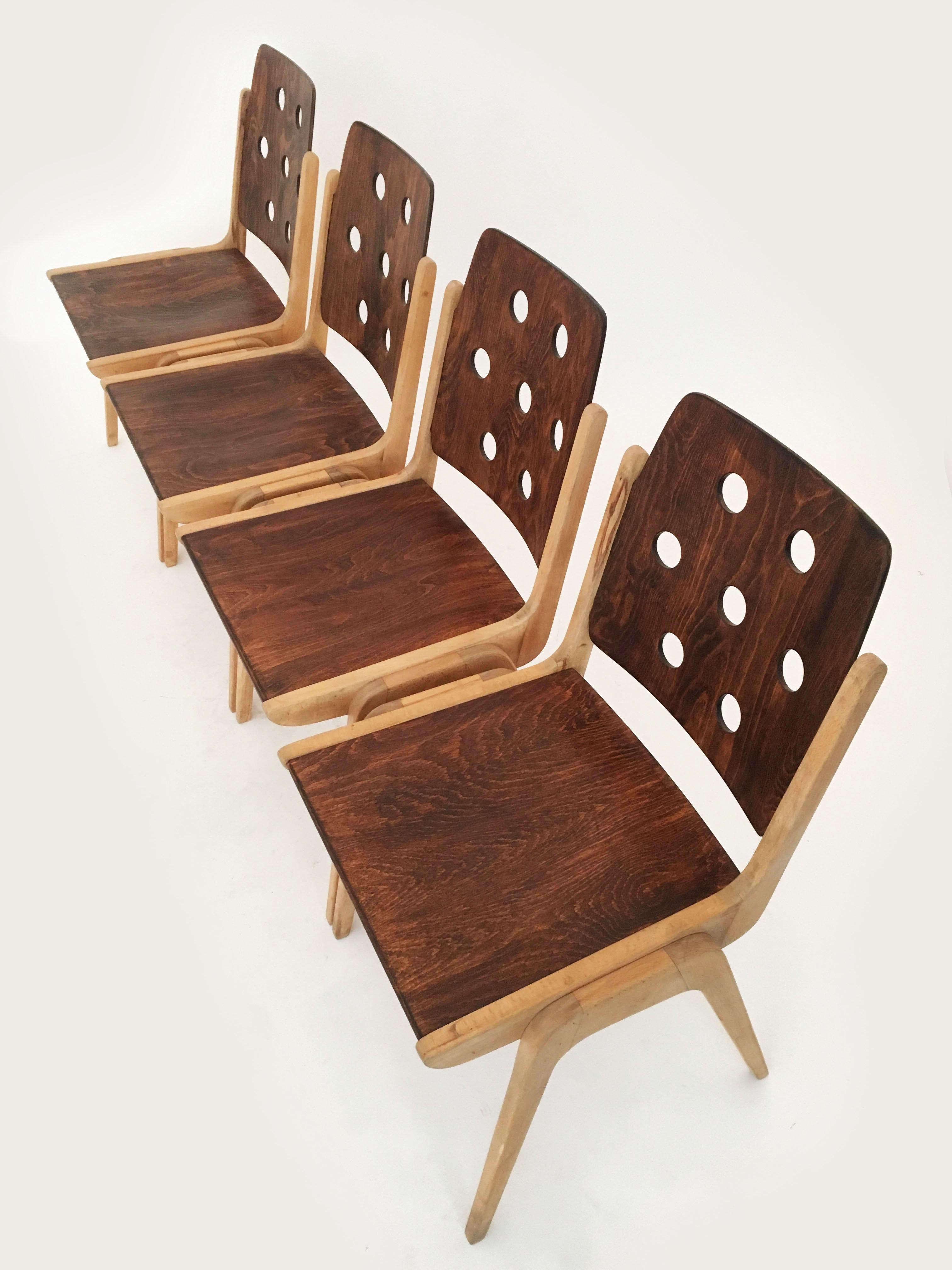 Mid-Century Modern Set of Four Stacking Chairs Franz Schuster, Duo-Colored, Austria 1950s For Sale