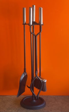 Set of Four Stainless Steel Handled Modernist Fireplace Tools