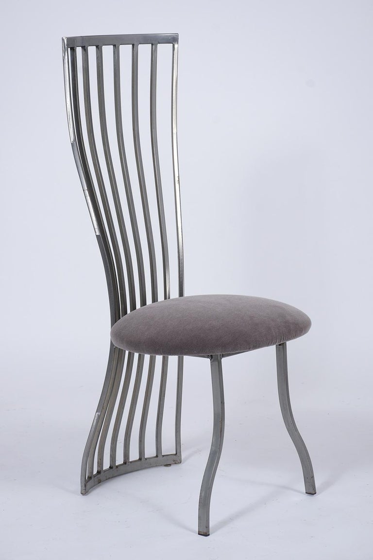Brushed Set of Metal Upholstered Dining Chairs For Sale
