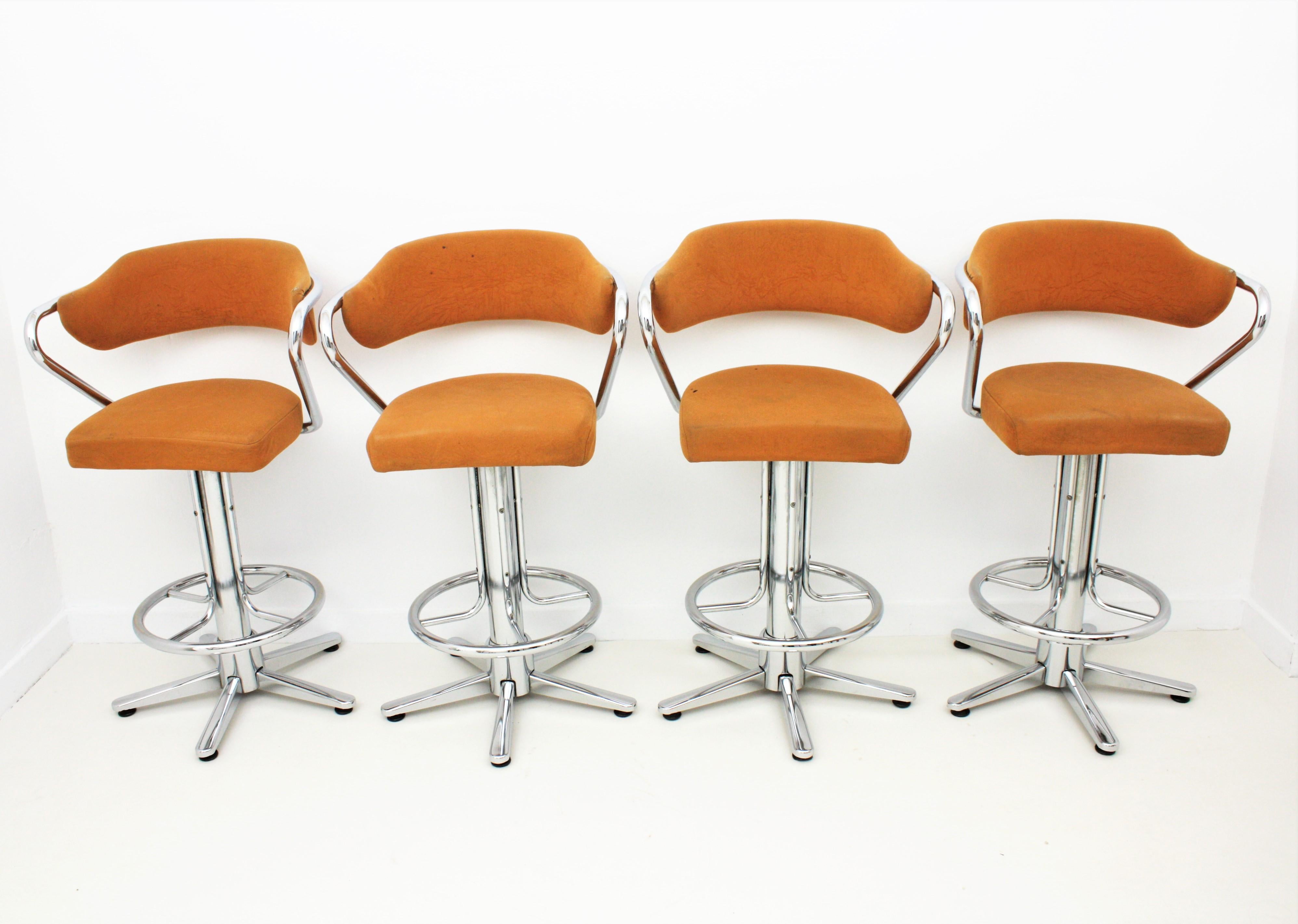 Set of Four Steel Swivel Bar Stools with Arms, Spain, 1970s 2