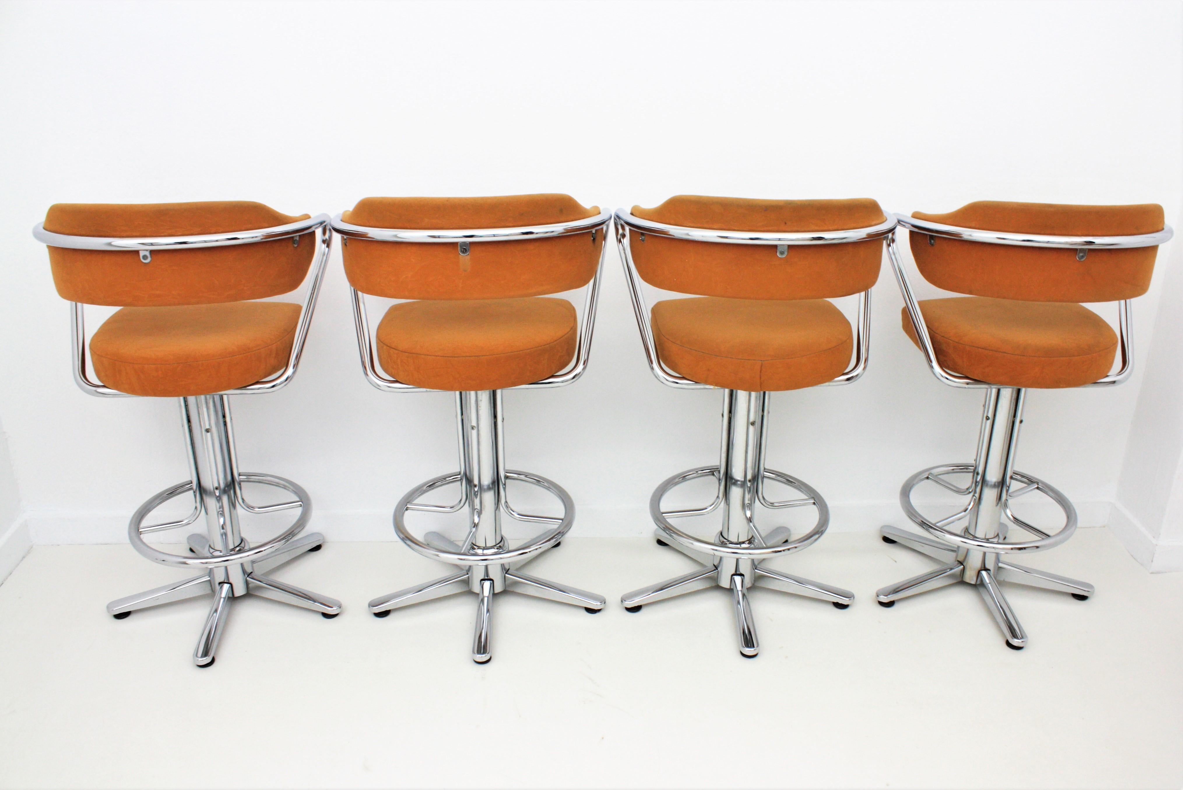 Set of Four Steel Swivel Bar Stools with Arms, Spain, 1970s 3