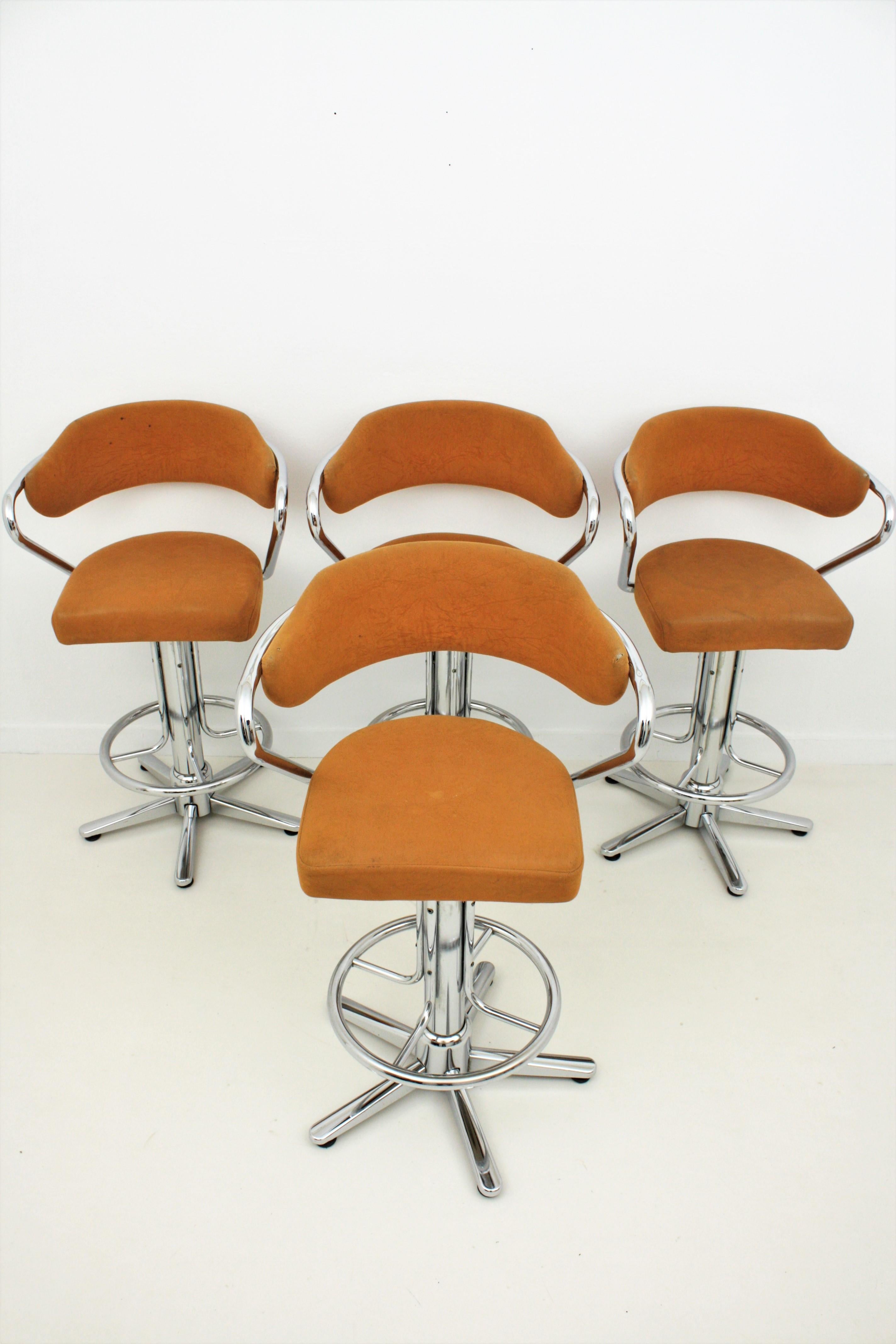 Set of Four Steel Swivel Bar Stools with Arms, Spain, 1970s 4
