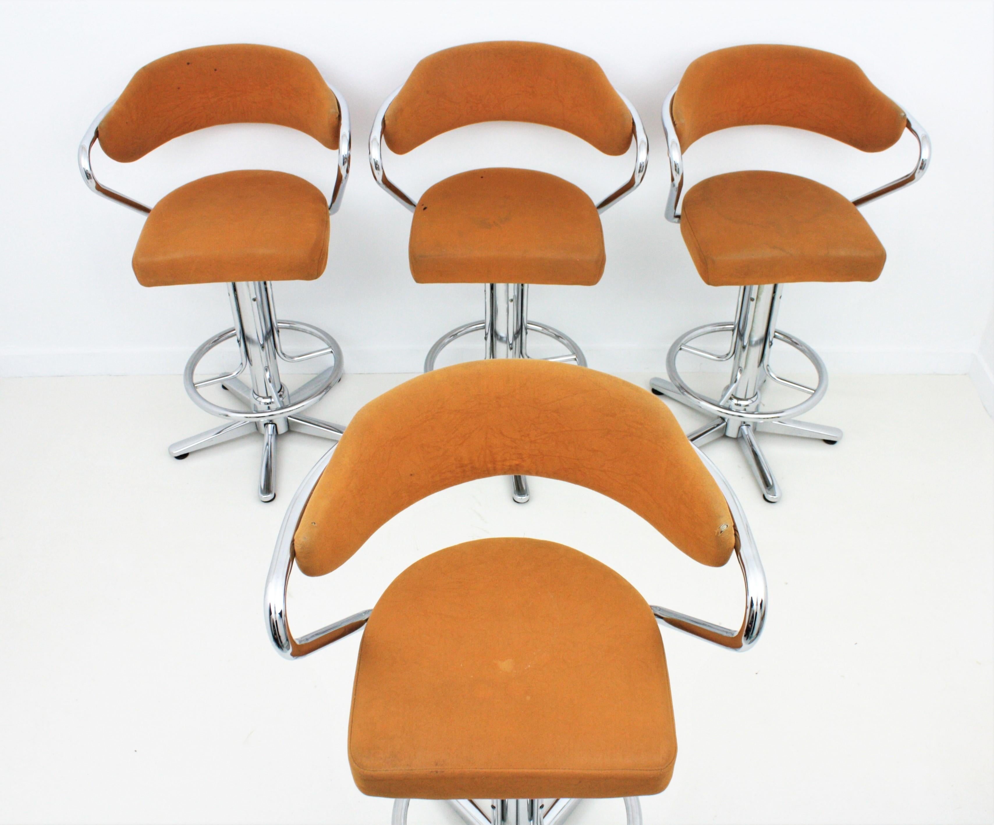 Set of Four Steel Swivel Bar Stools with Arms, Spain, 1970s 6