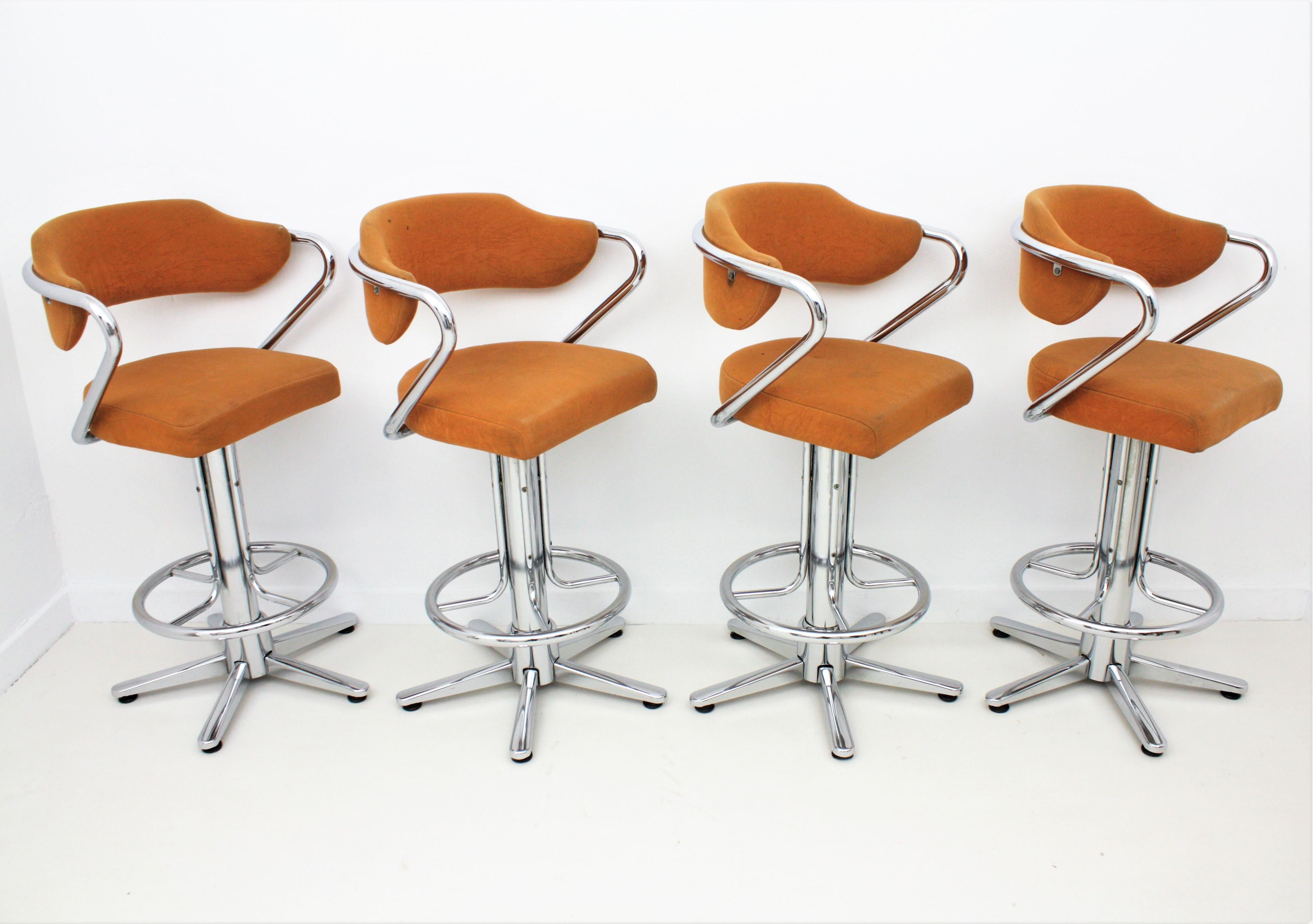 Spanish Set of Four Steel Swivel Bar Stools with Arms, Spain, 1970s