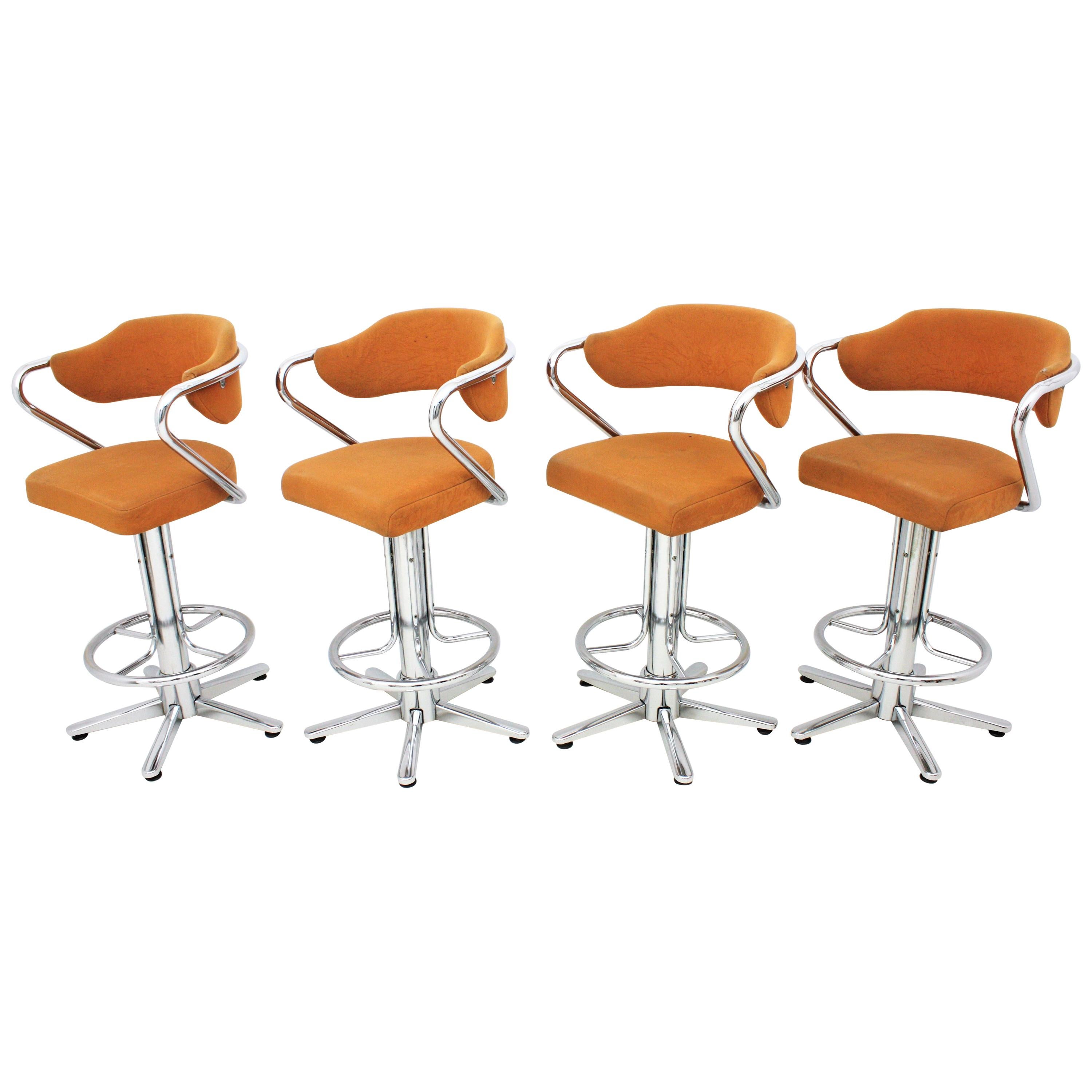 Set of Four Steel Swivel Bar Stools with Arms, Spain, 1970s