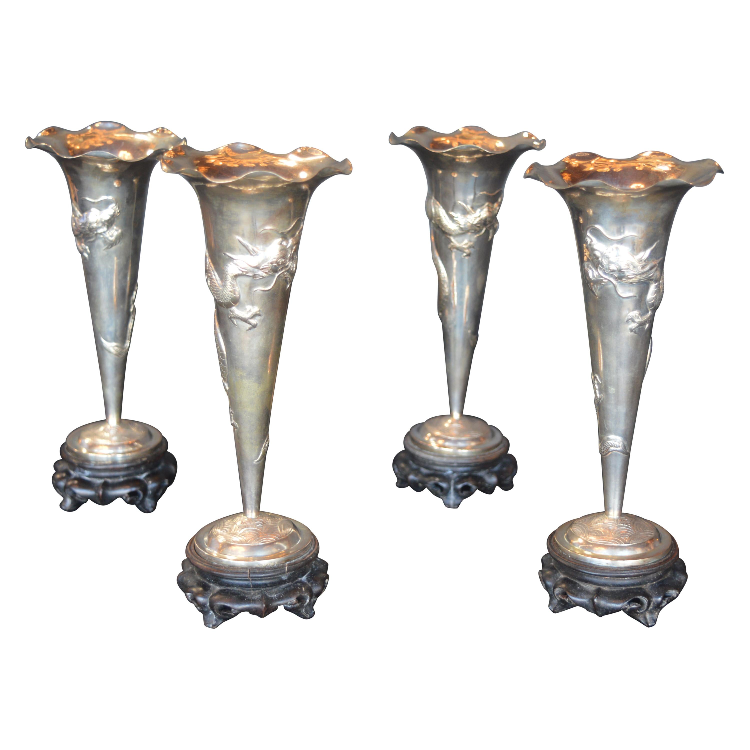 Set of Four Sterling Silver Chinese Vases For Sale