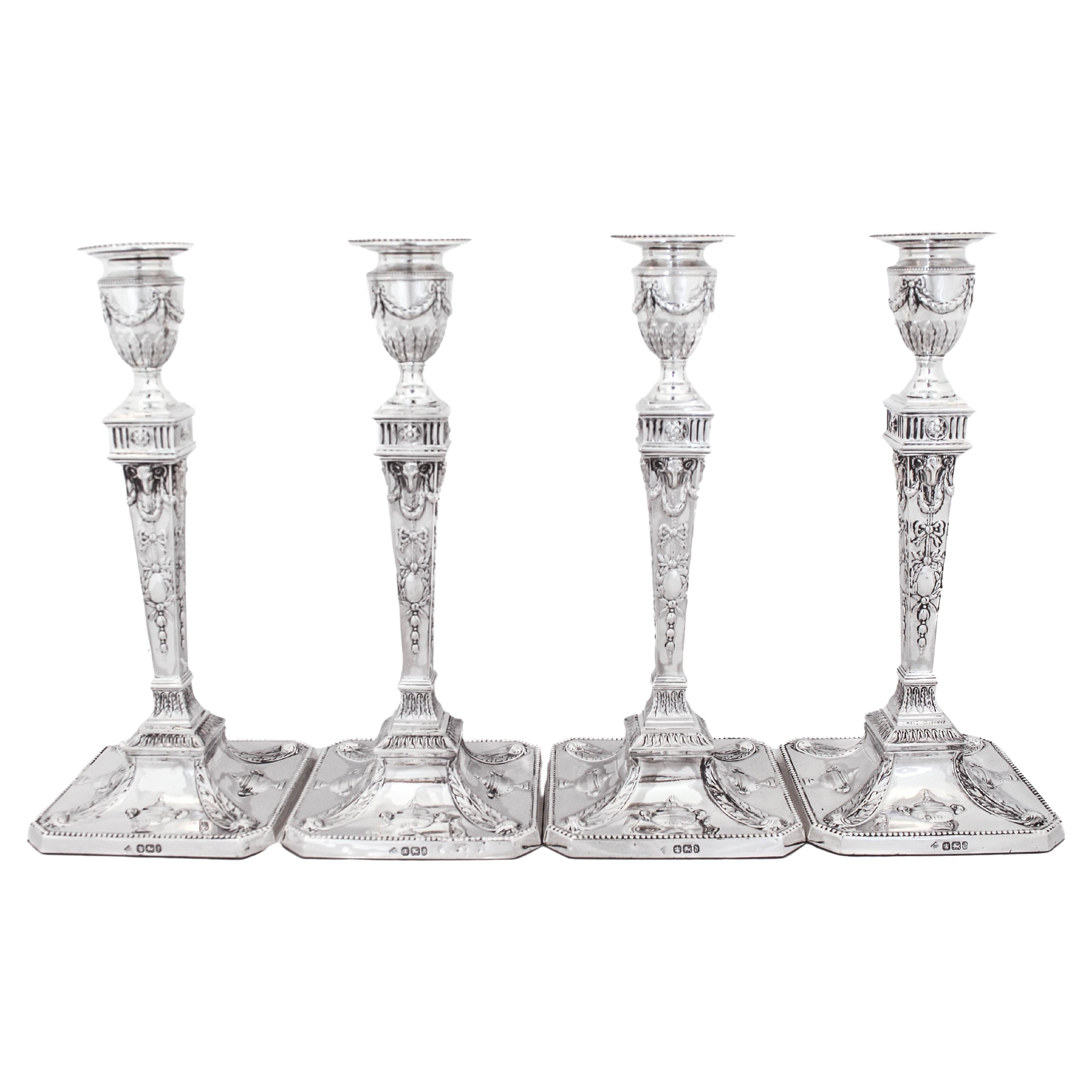 Set of Four Sterling Silver English Candlesticks For Sale