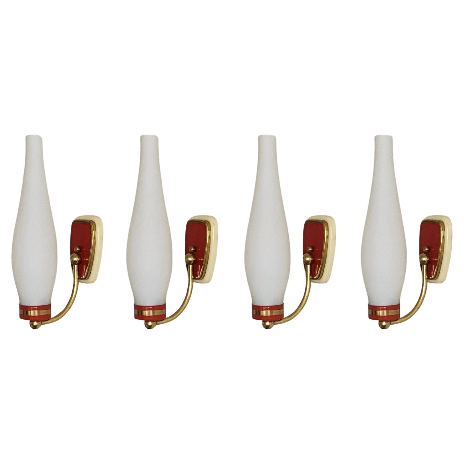 Set of Four Stilnovo Style Glass and Brass Wall Sconces, Italy, 1960s For Sale
