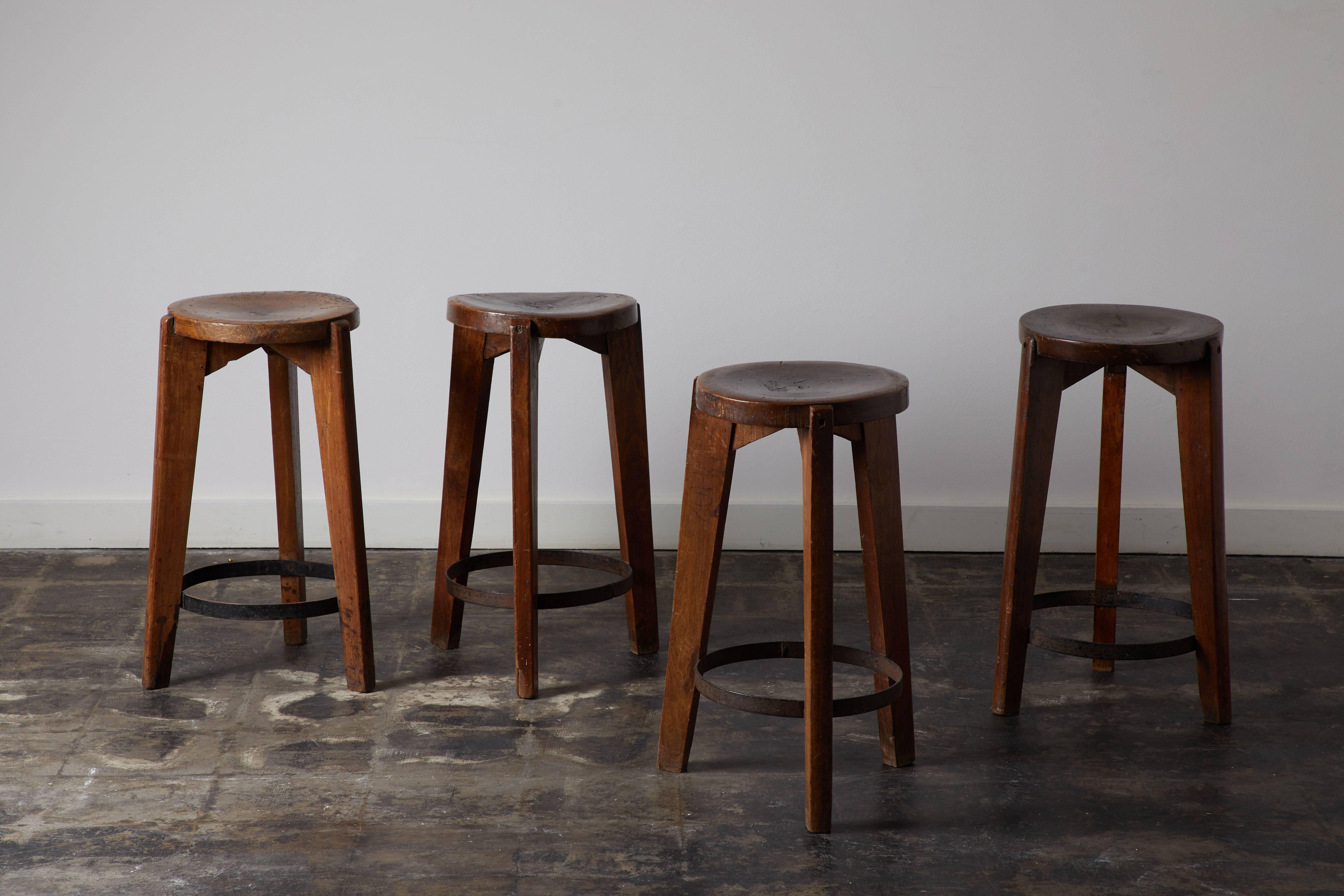 French Set of Four Stools by Pierre Jeanneret for Punjab University in Chandigarh