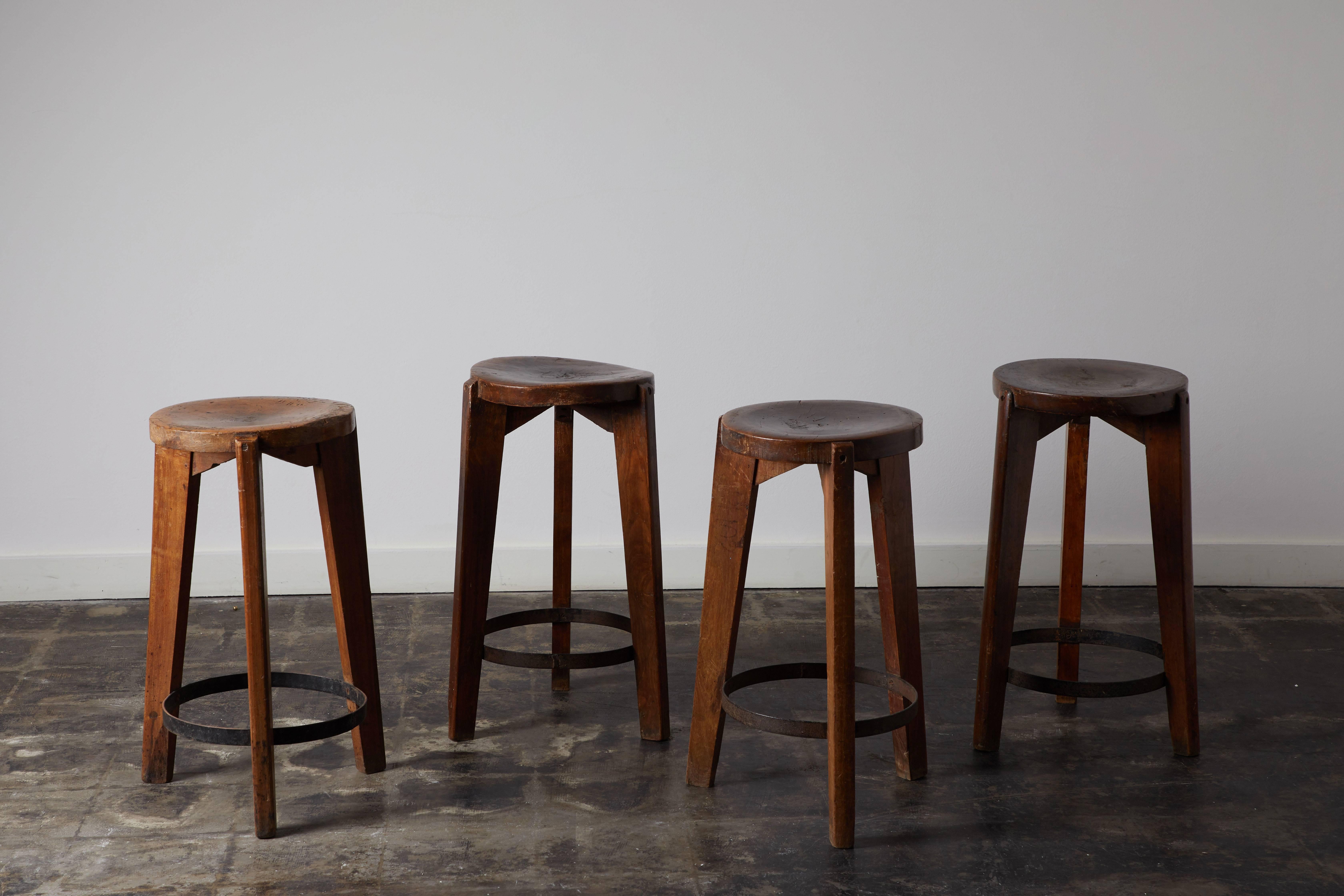 Set of Four Stools by Pierre Jeanneret for Punjab University in Chandigarh In Distressed Condition In Los Angeles, CA