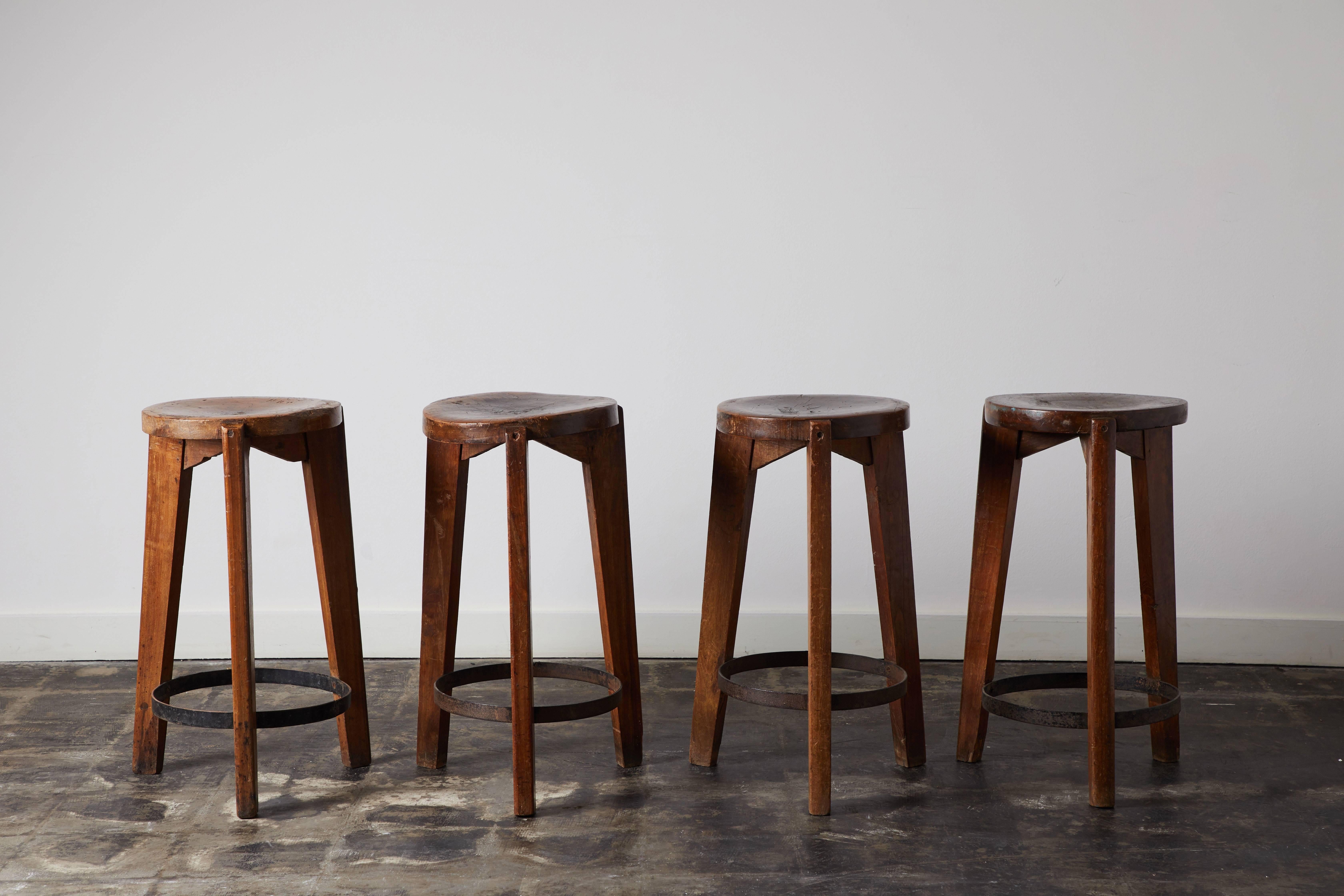 Mid-20th Century Set of Four Stools by Pierre Jeanneret for Punjab University in Chandigarh