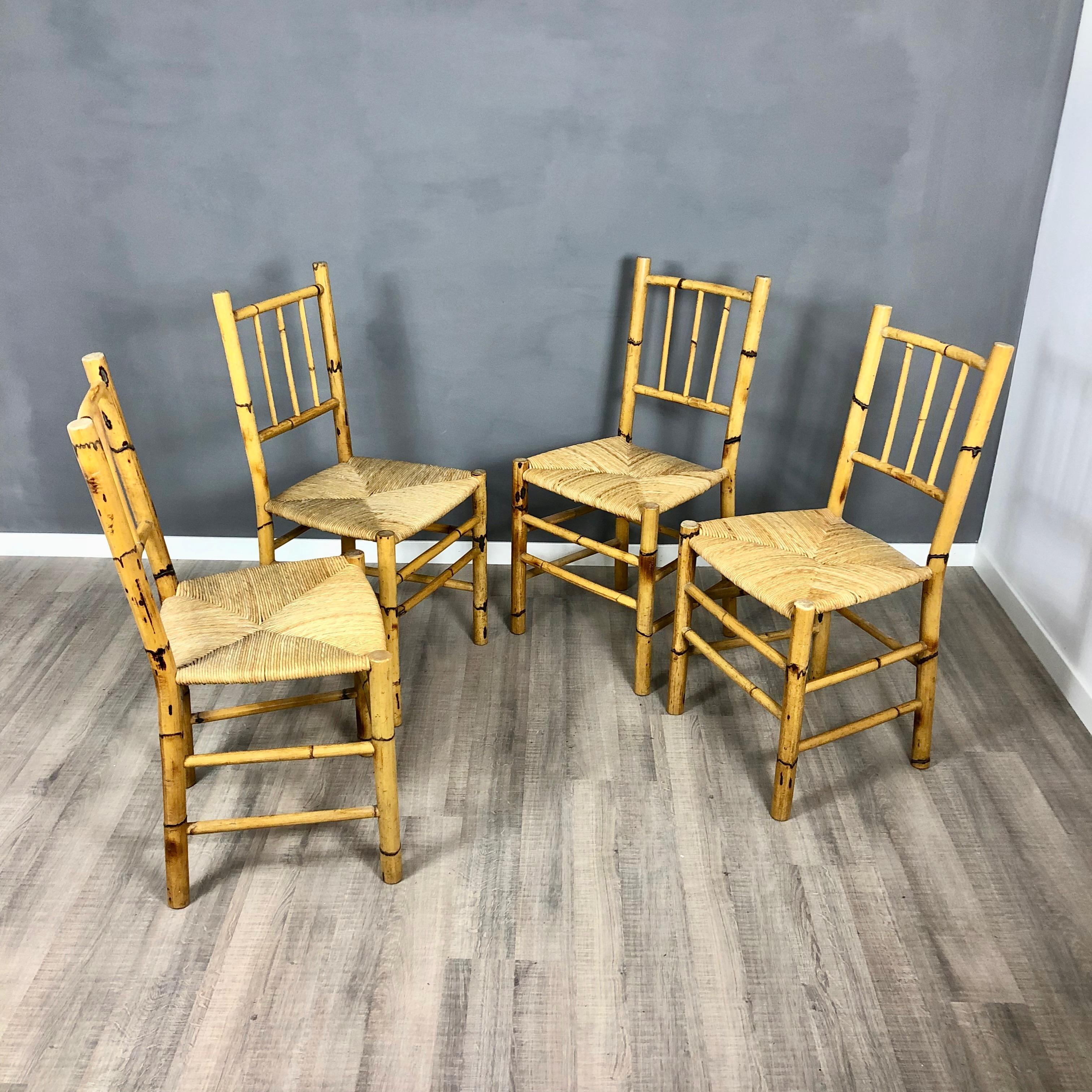 Mid-Century Modern Set of Four Straw and Bamboo Vintage Chairs, Italy, 1960s For Sale