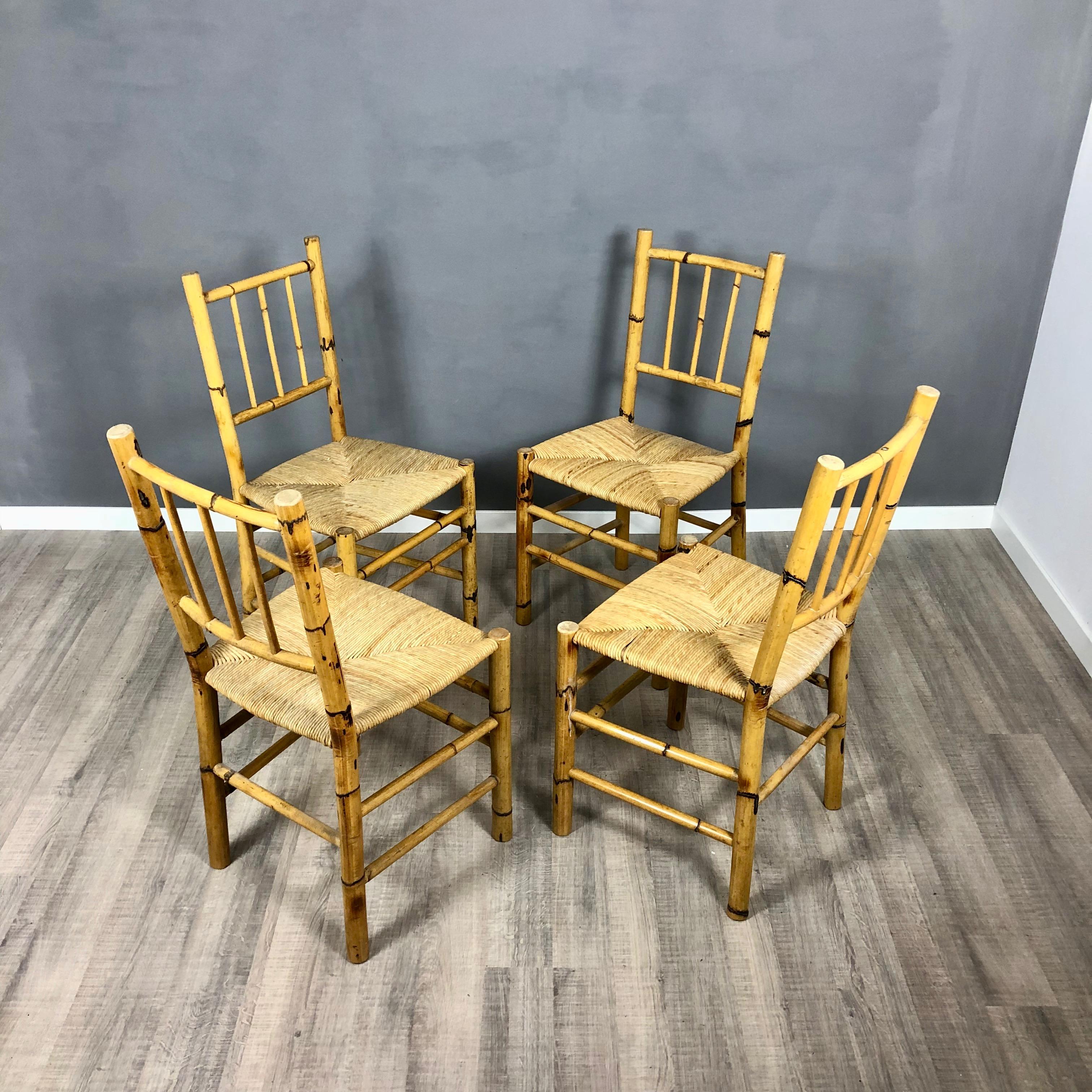 Italian Set of Four Straw and Bamboo Vintage Chairs, Italy, 1960s For Sale