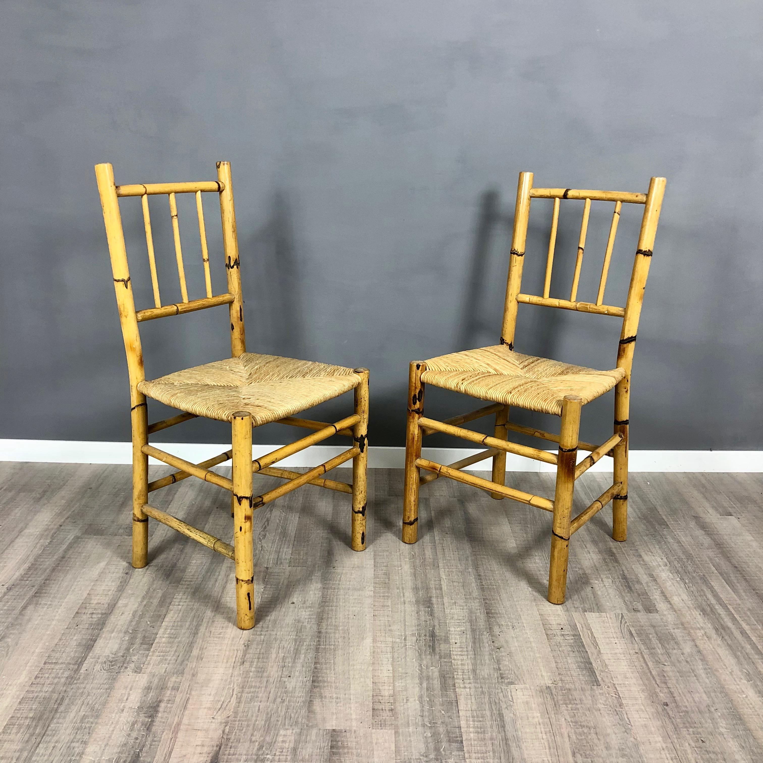 Set of Four Straw and Bamboo Vintage Chairs, Italy, 1960s In Good Condition For Sale In Rome, IT