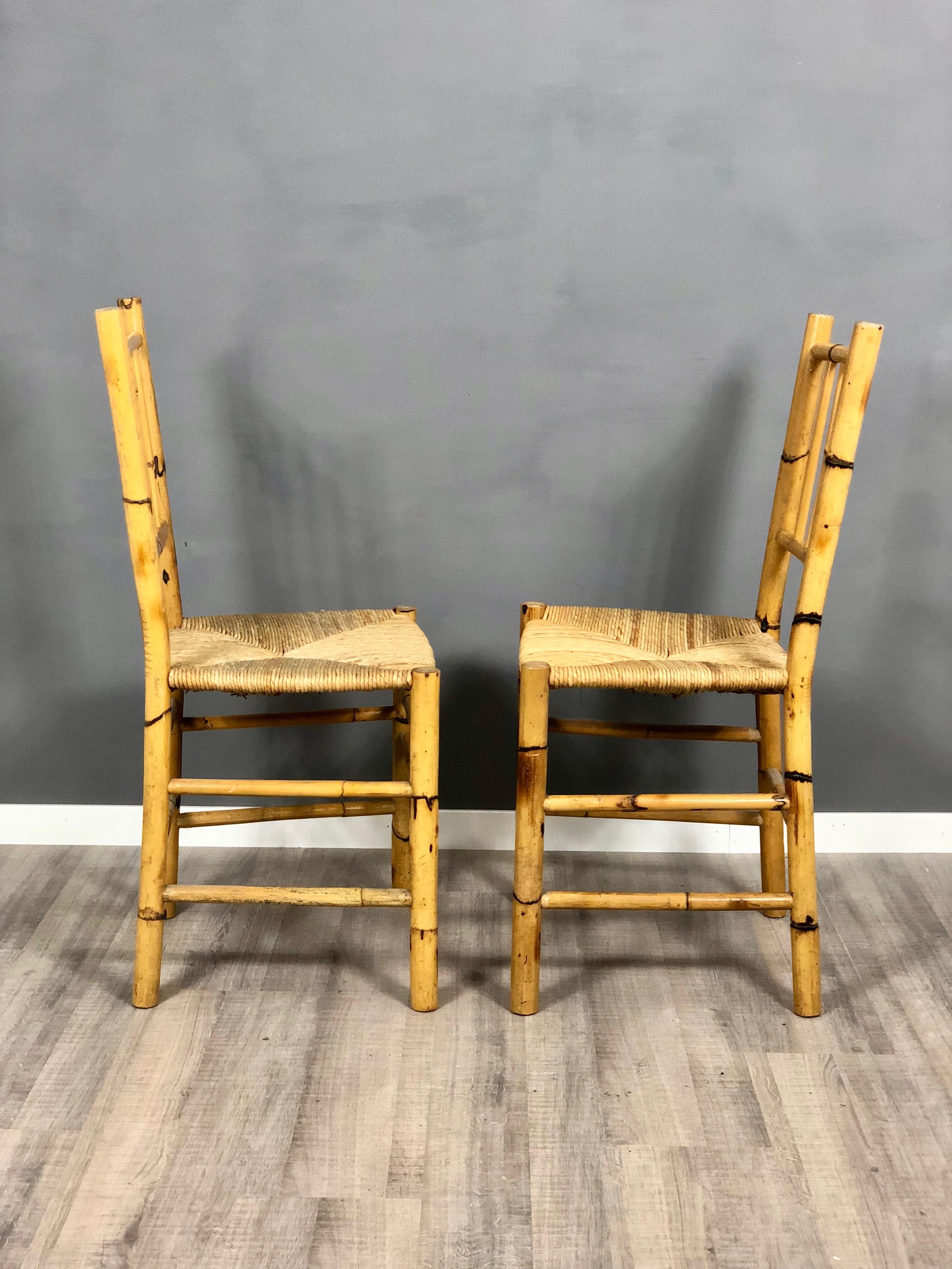 Mid-20th Century Set of Four Straw and Bamboo Vintage Chairs, Italy, 1960s For Sale