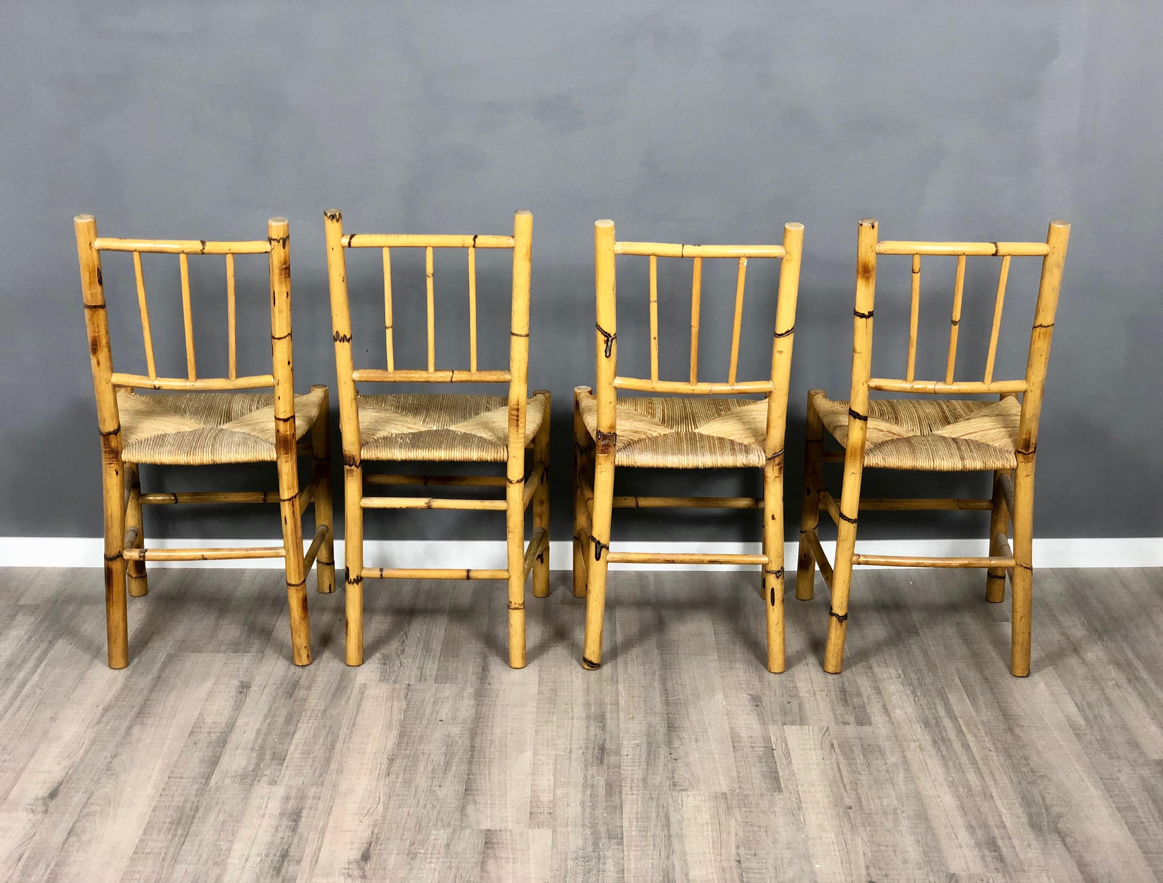 Set of Four Straw and Bamboo Vintage Chairs, Italy, 1960s For Sale 1
