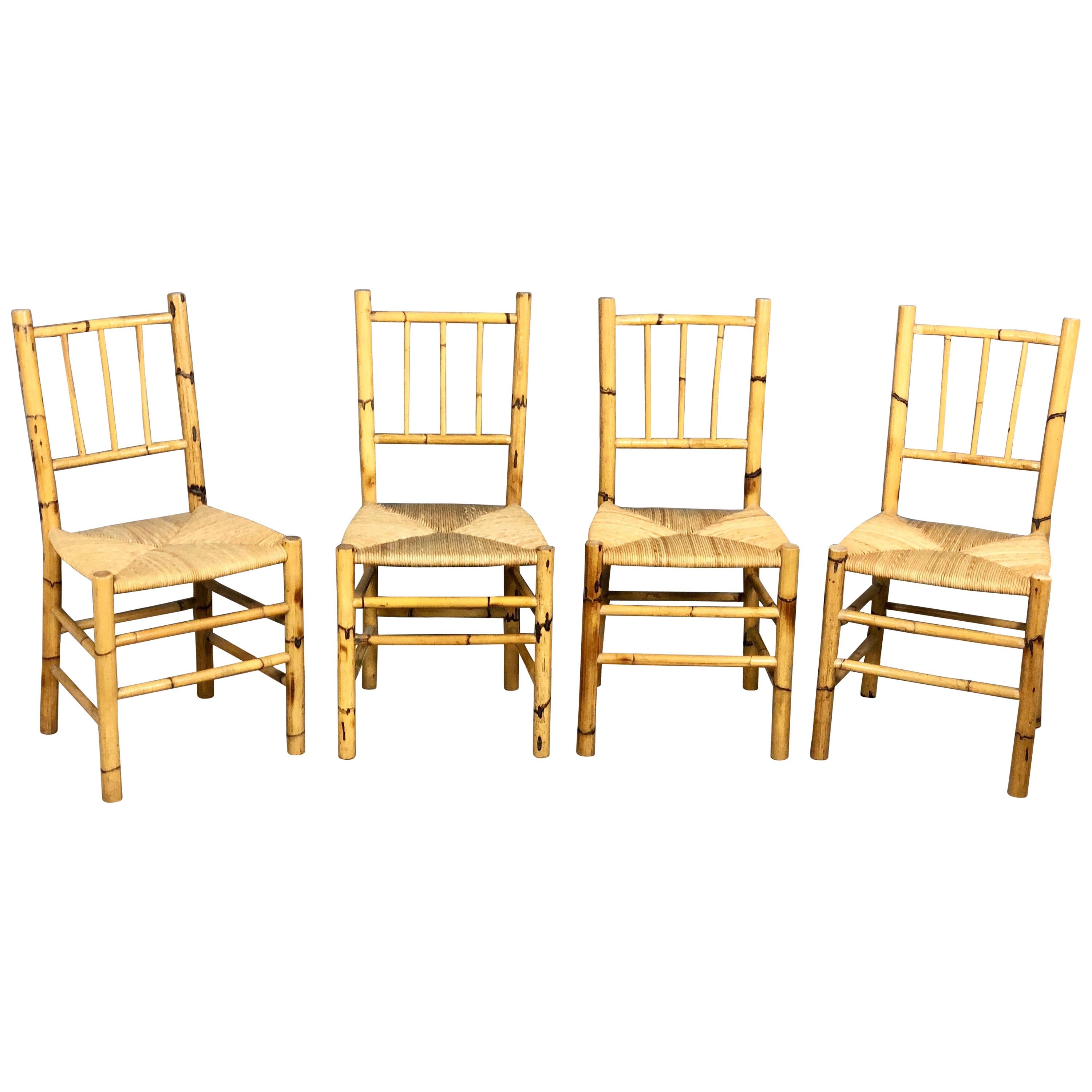 Set of Four Straw and Bamboo Vintage Chairs, Italy, 1960s