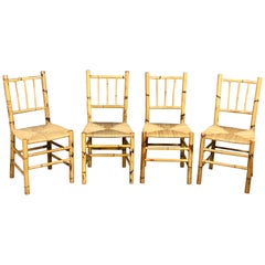 Set of Four Straw and Bamboo Vintage Chairs, Italy, 1960s