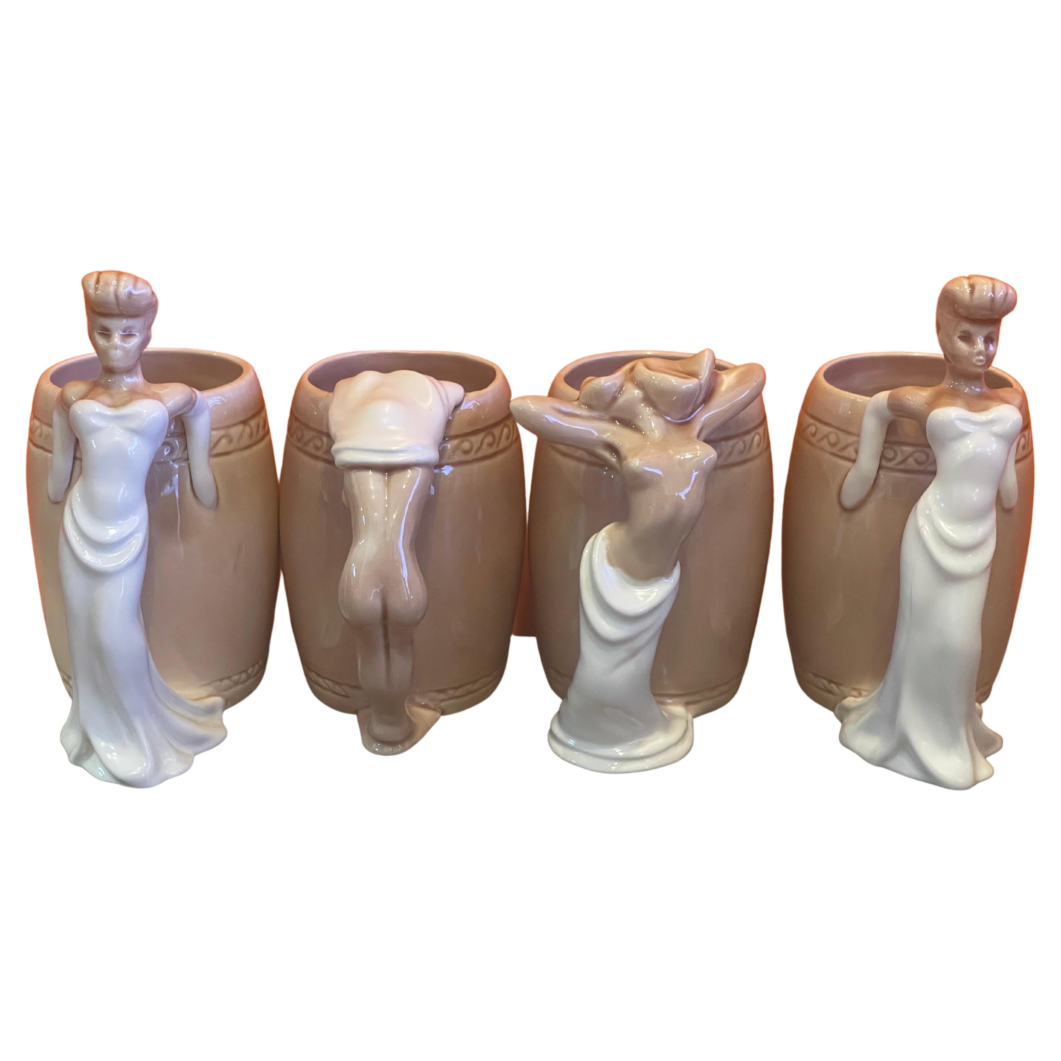 Set of Four "Strip Tease- Eye Appeal" Ceramic Barware Mugs by Dorothy Kindell