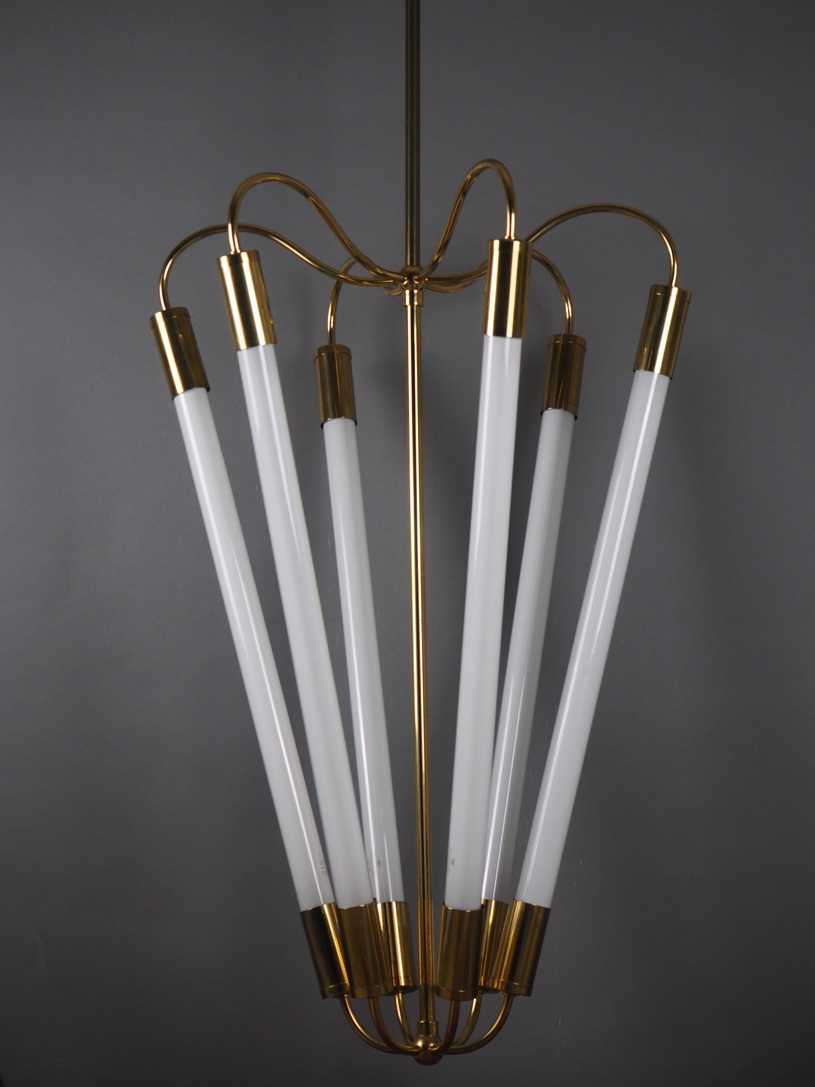 Brass Set of Four Stunning Bauhaus Chandeliers by Kaiser, Germany, circa 1940s